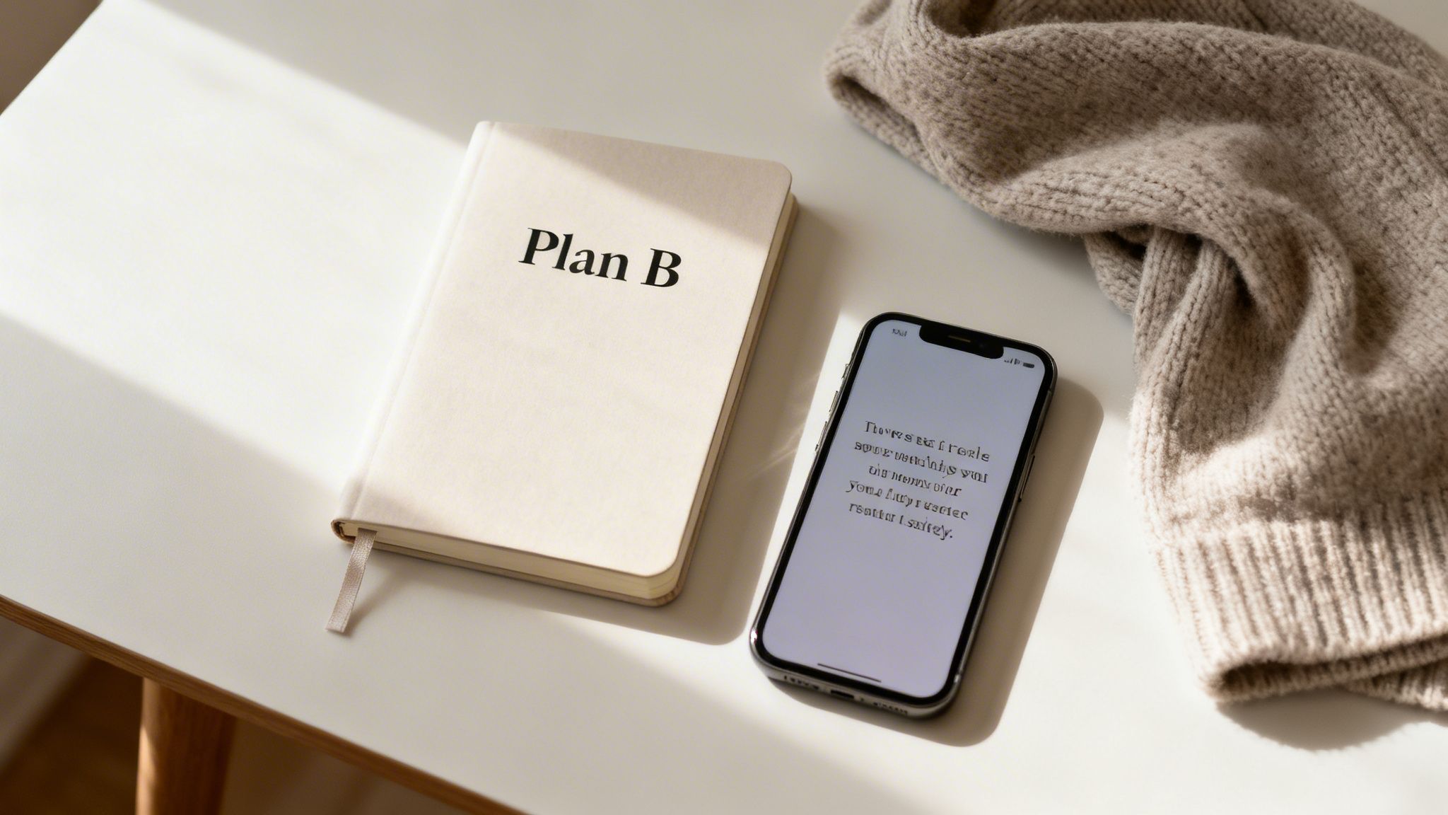 Overhead view of a notebook with 'Plan B', a smartphone, and a cozy sweater on a table.