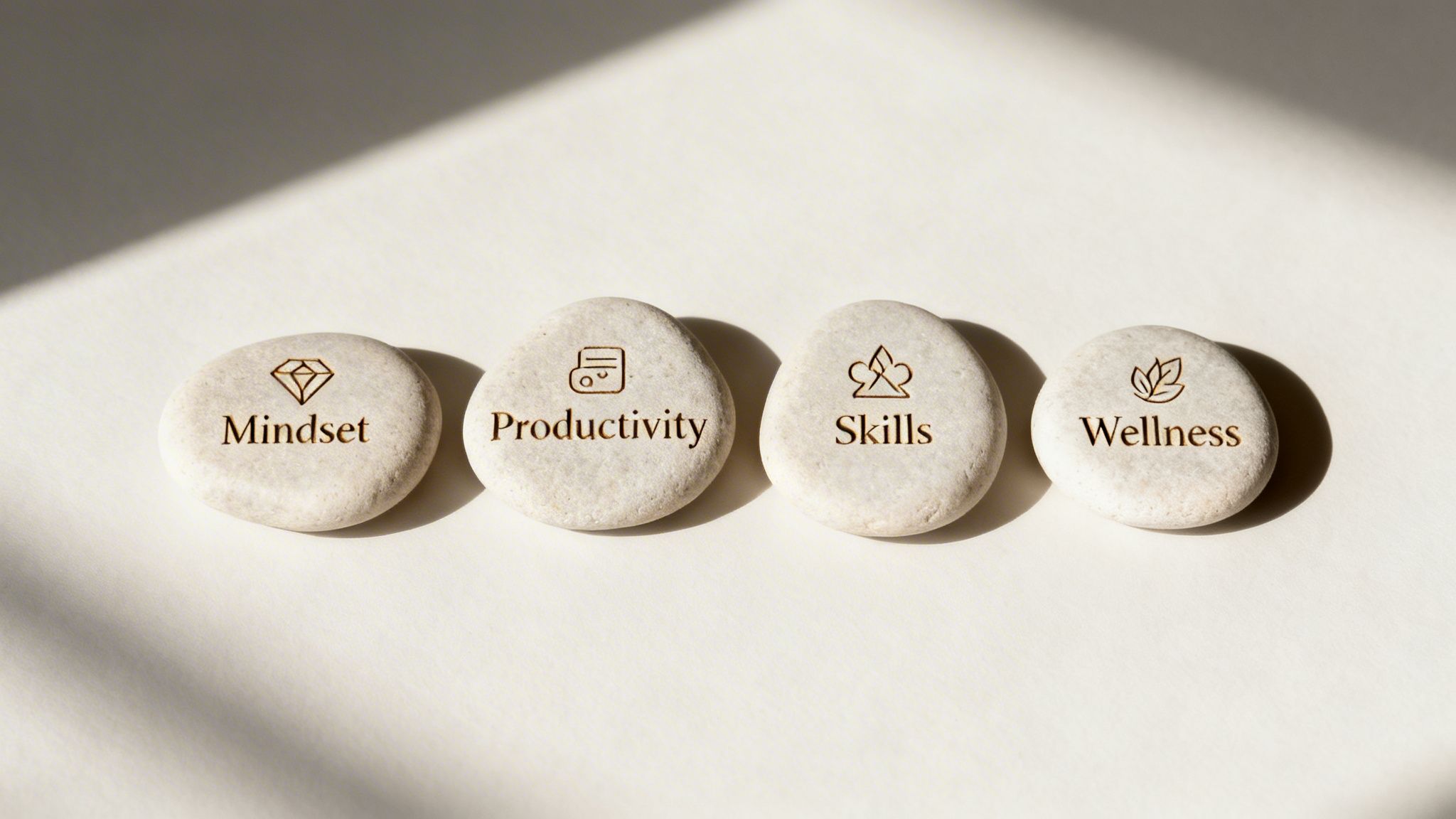 Four smooth stones showing engraved words: Mindset, Productivity, Skills, and Wellness, on a white background.