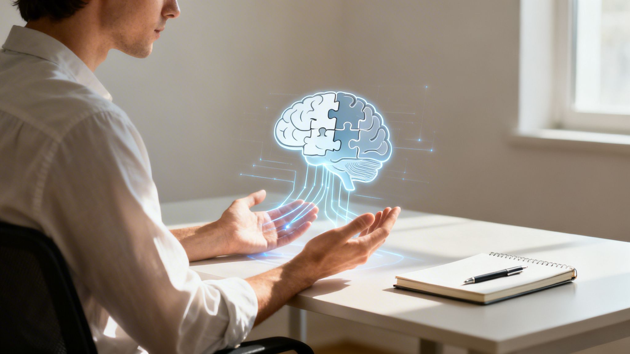 A man holds his hands under a glowing holographic brain with puzzle pieces, symbolizing problem-solving and mental health.