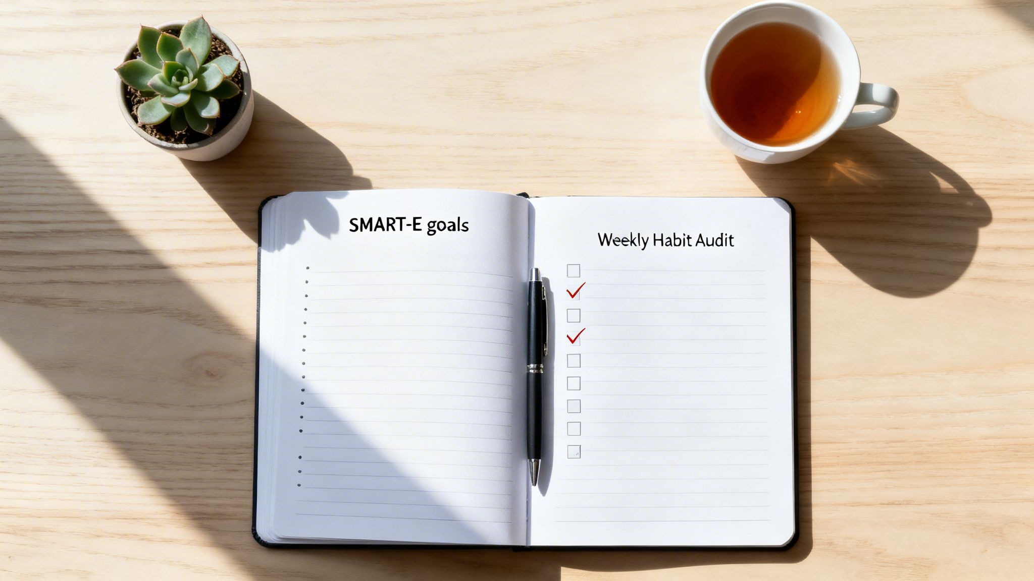 An open notebook displays 'SMART-E goals' and a 'Weekly Habit Audit' with checked boxes, next to a plant and tea.