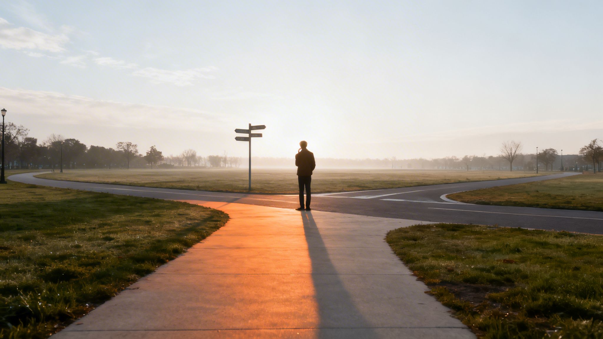 A person stands at a misty park crossroads with a signpost, making a choice at sunrise.