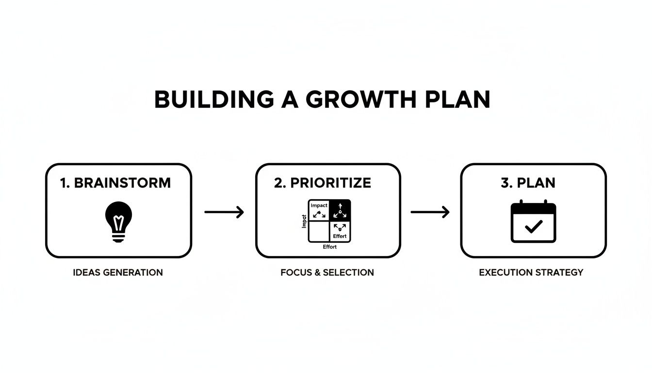 A three-step process for building a growth plan: brainstorm, prioritize, and plan execution.