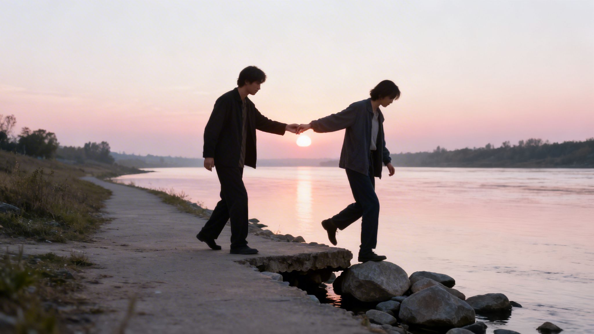 Two people hold hands at sunset by a river, one carefully stepping onto rocks.