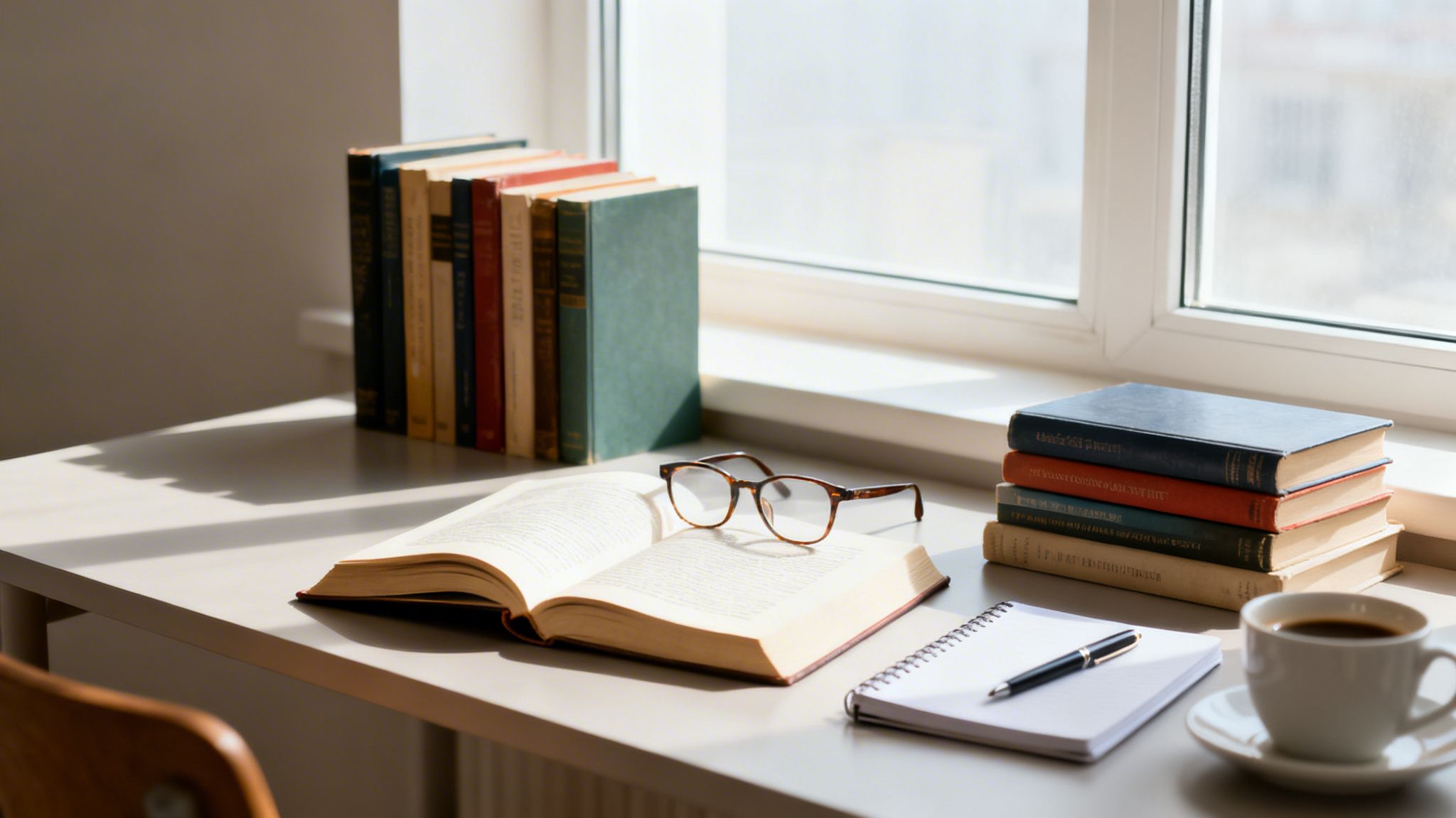 A bright desk by a window with books, an open book, glasses, a notebook, and a coffee cup.