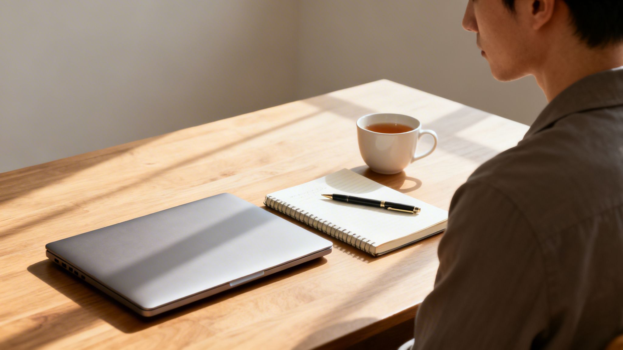 A person sits at a wooden desk with a laptop, notebook, pen, and tea in natural light.