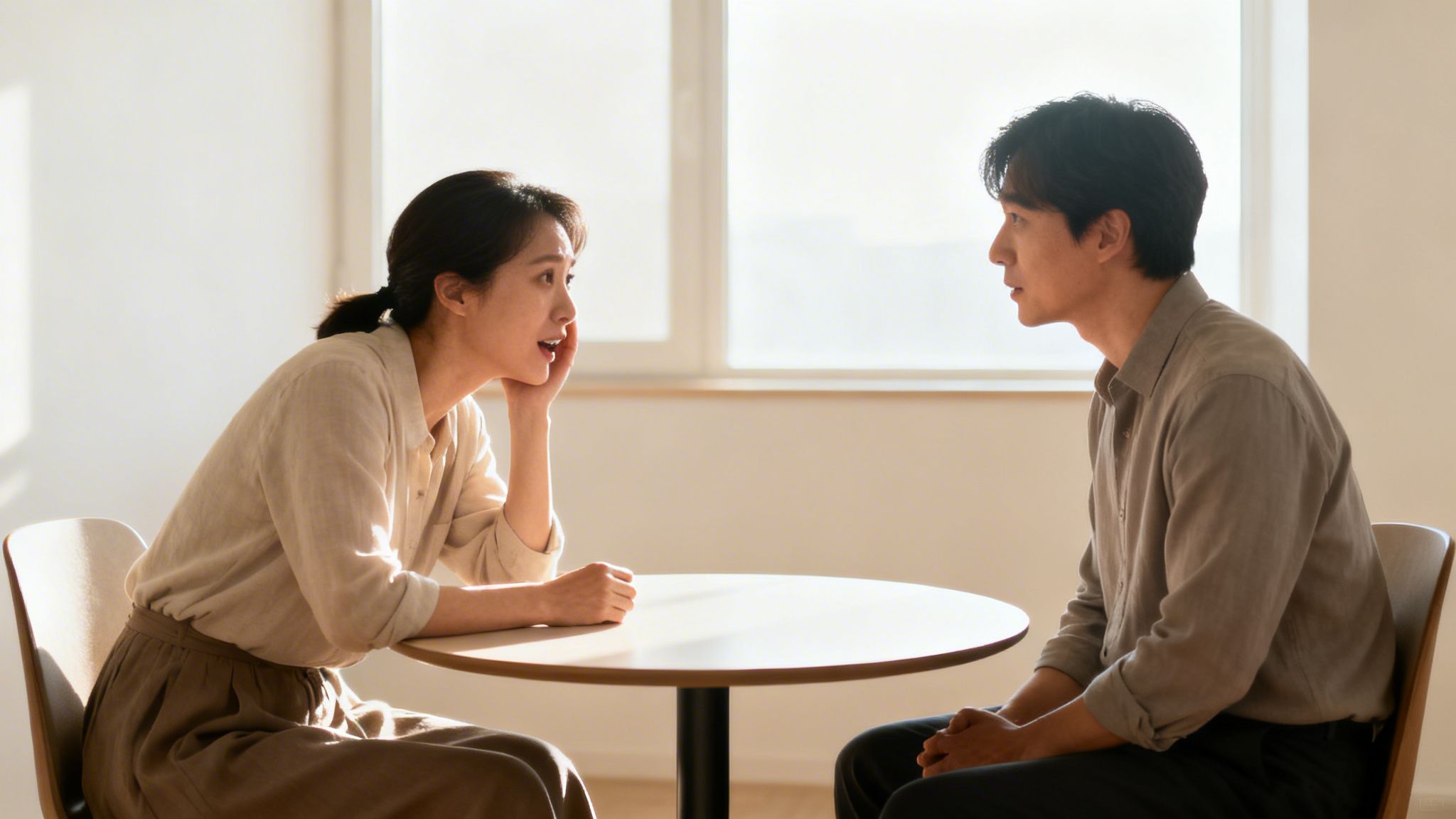 Man and woman converse across a table in a sunlit room, sharing thoughts.