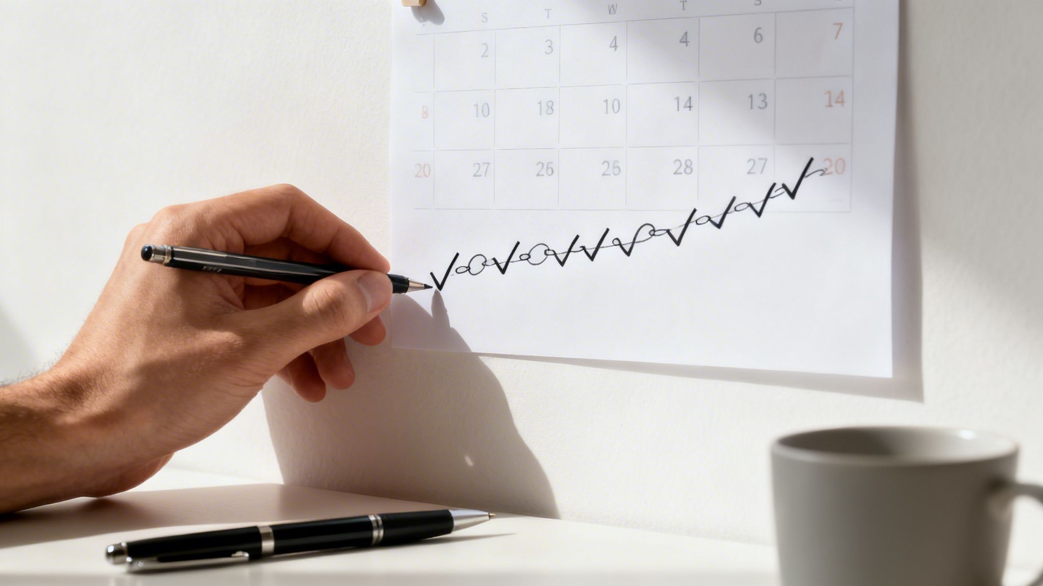 Close-up of a hand with a pen marking daily progress on a wall calendar.