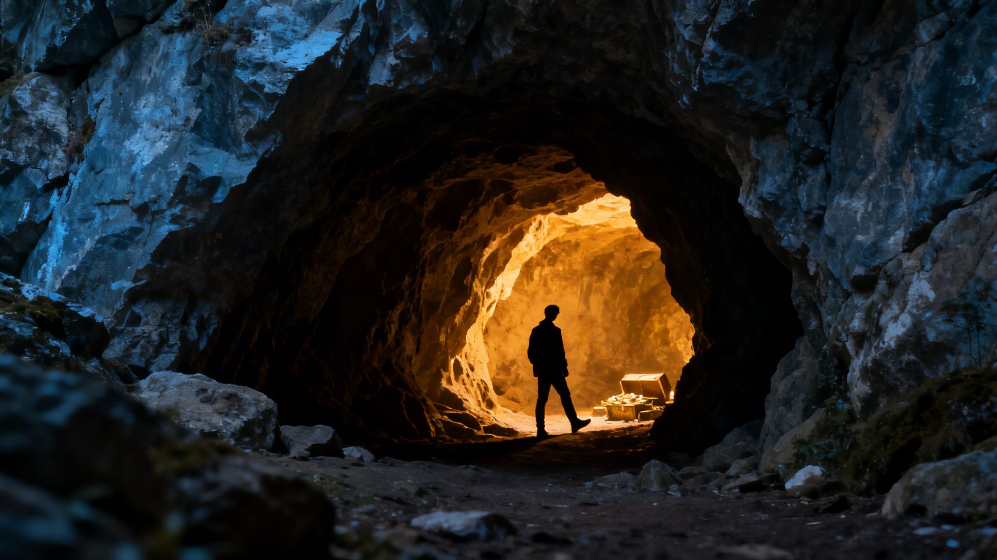 A silhouetted person stands at the entrance of a glowing cave, discovering a treasure chest.