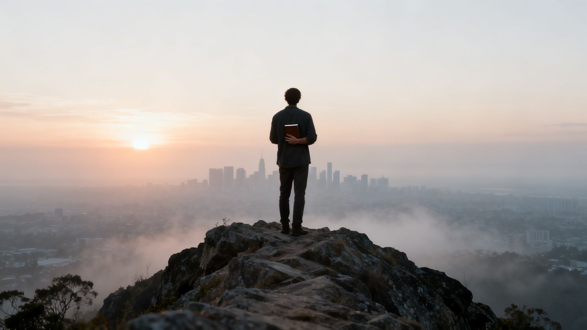 Rear view of a person on a mountain peak, holding a book, gazing at a foggy city at sunrise.