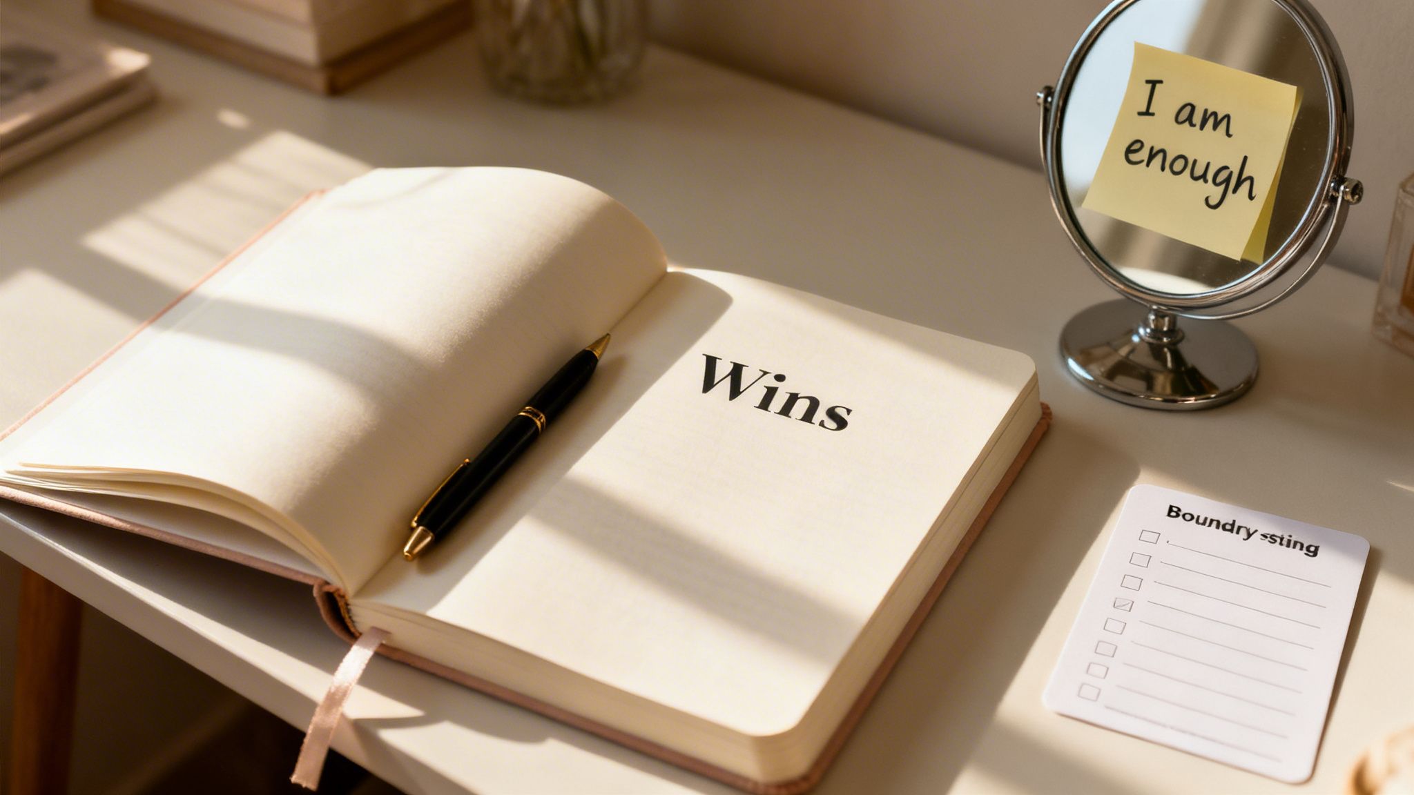 An open journal titled 'Wins', pen, mirror with 'I am enough' note, and 'Boundary Setting' pad.