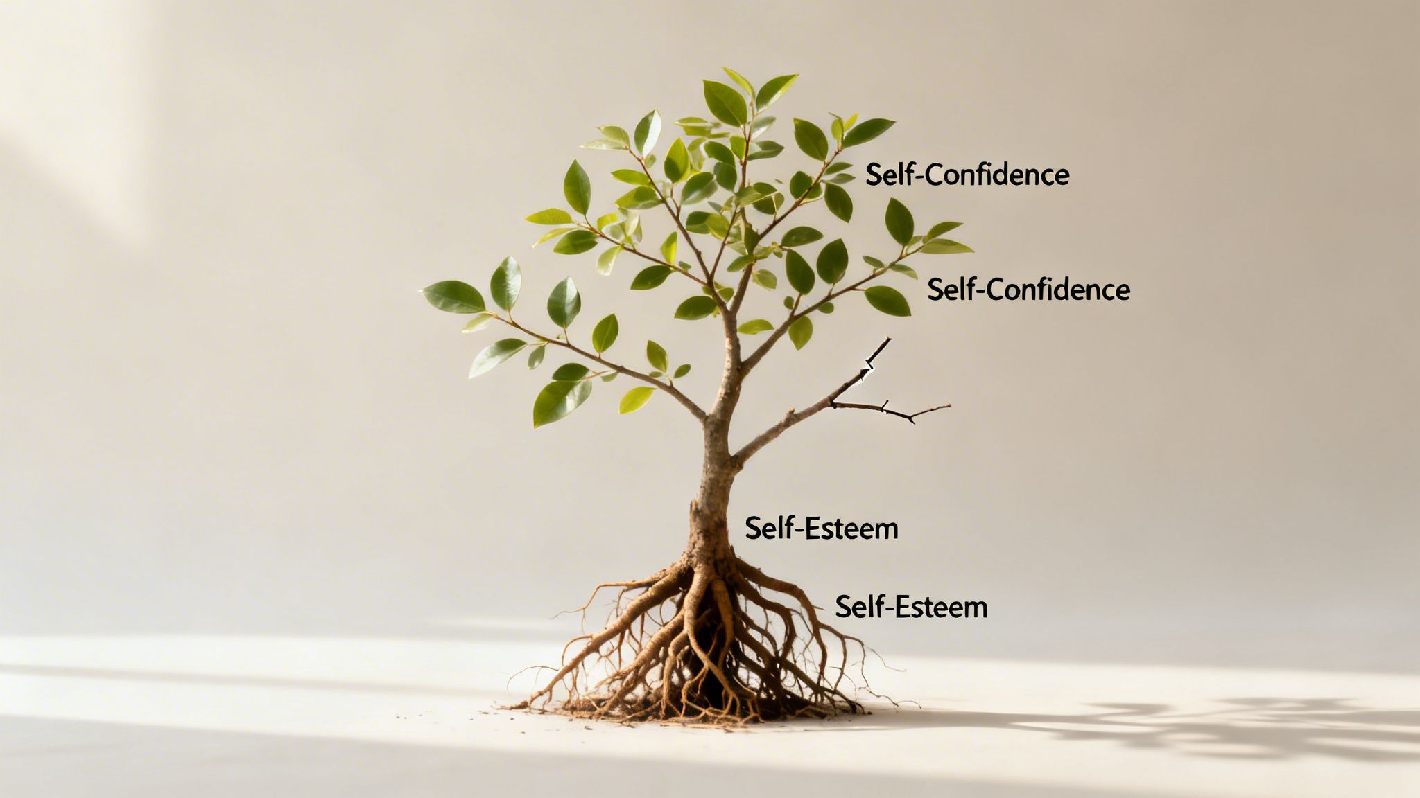A tree metaphor illustrating roots of self-esteem supporting branches of self-confidence.