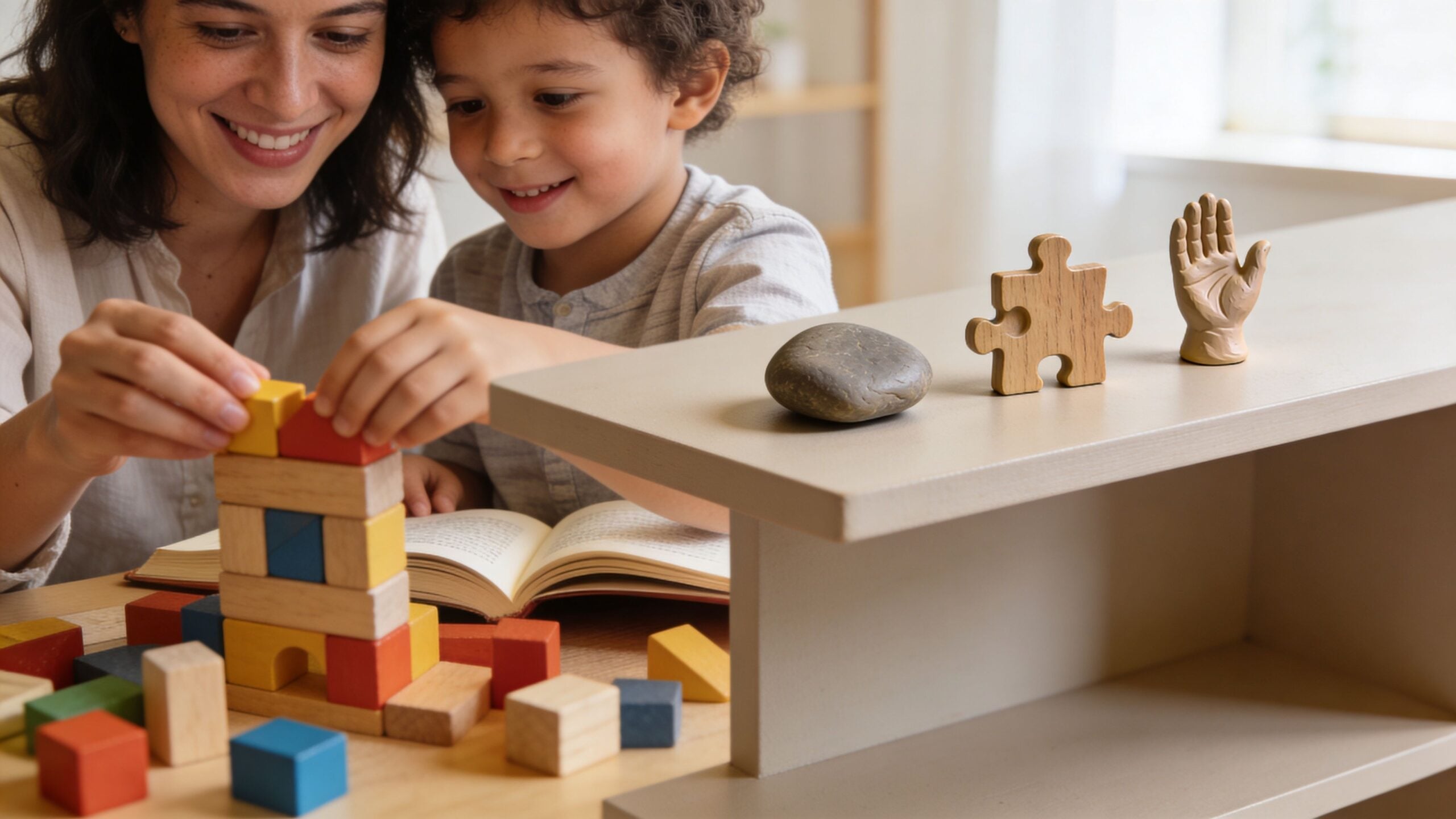 A smiling mother and her young son playing with wooden building blocks together at a table.