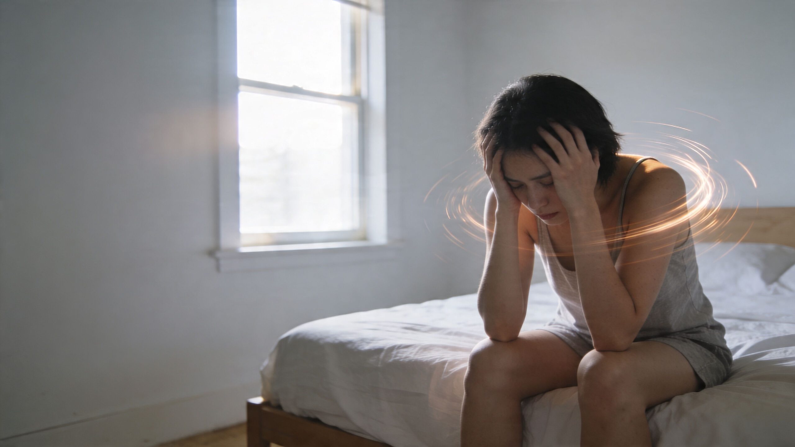 A distressed young woman sitting on the edge of a bed, holding her head with glowing energy rings.