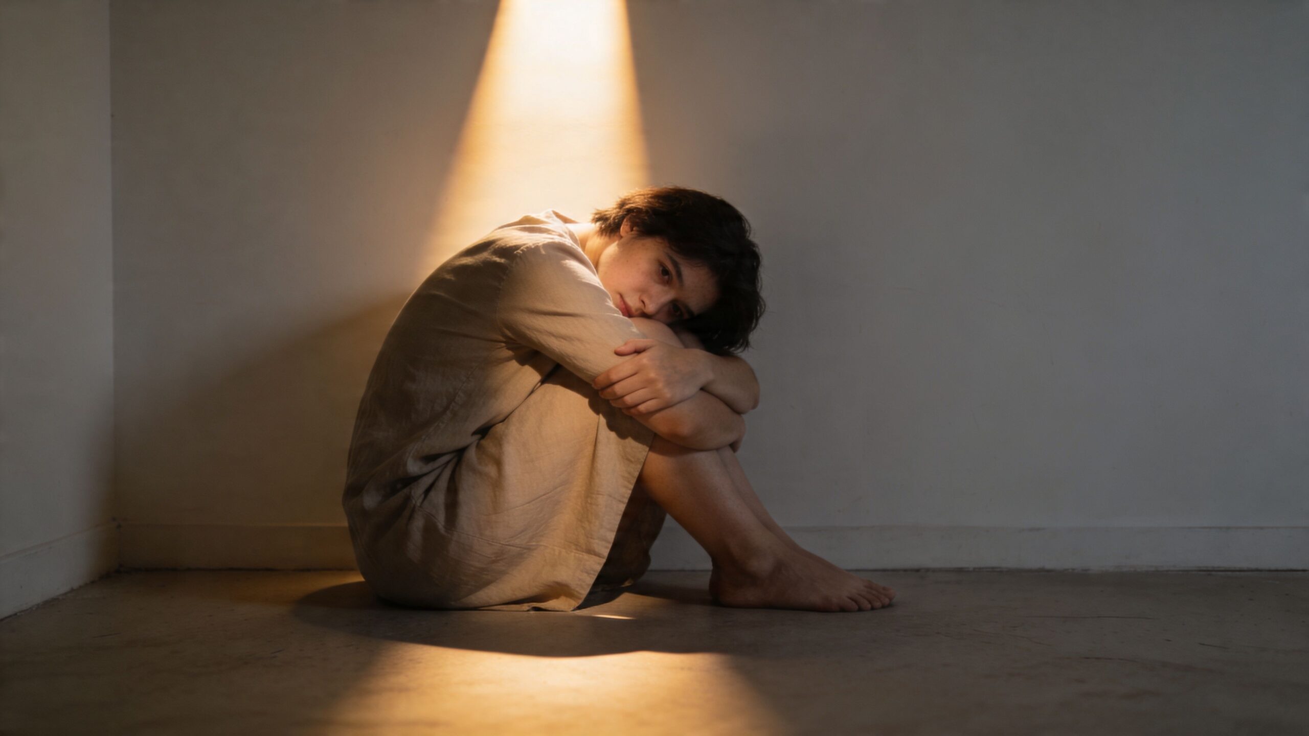 A lonely person sitting on the floor in a dark corner, bathed in a single spotlight.