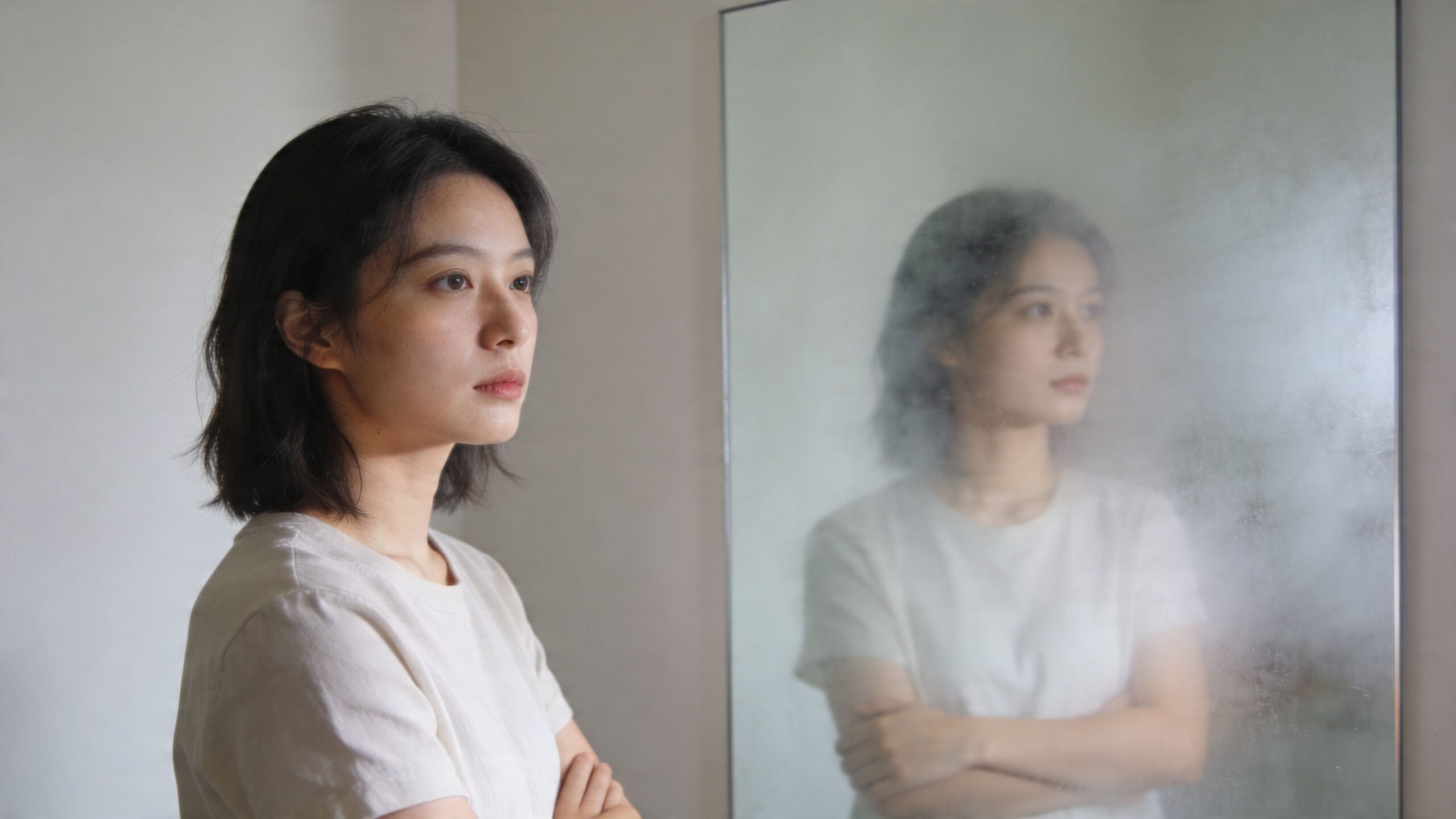 A young woman in a white t-shirt looks thoughtfully at her reflection in a foggy mirror.