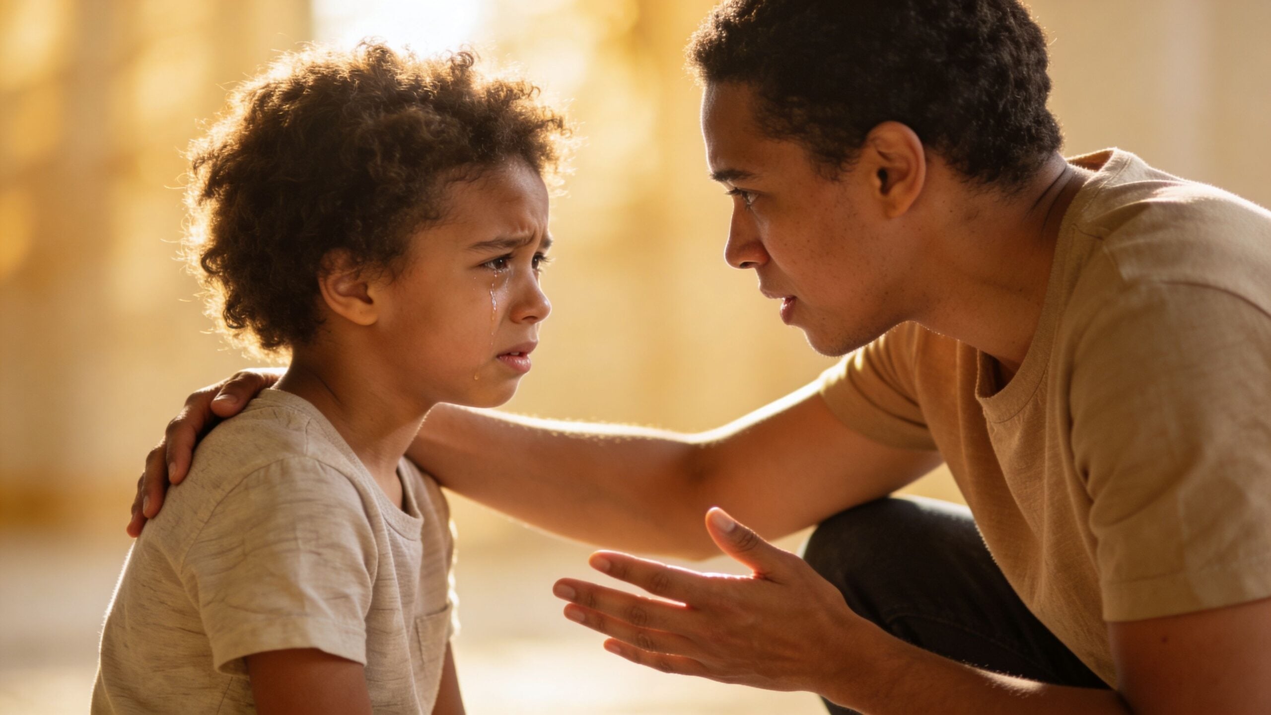 A caring father comforting his young, crying son by gently placing a hand on his shoulder.