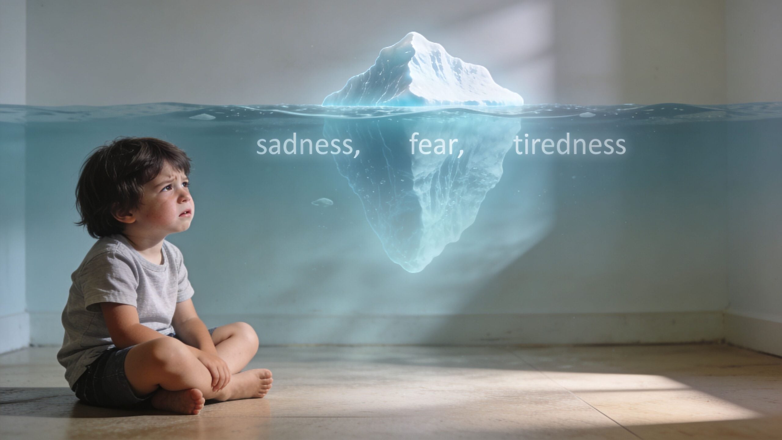 A young child sitting on the floor looking at an iceberg floating in a flooded room representing hidden emotions.