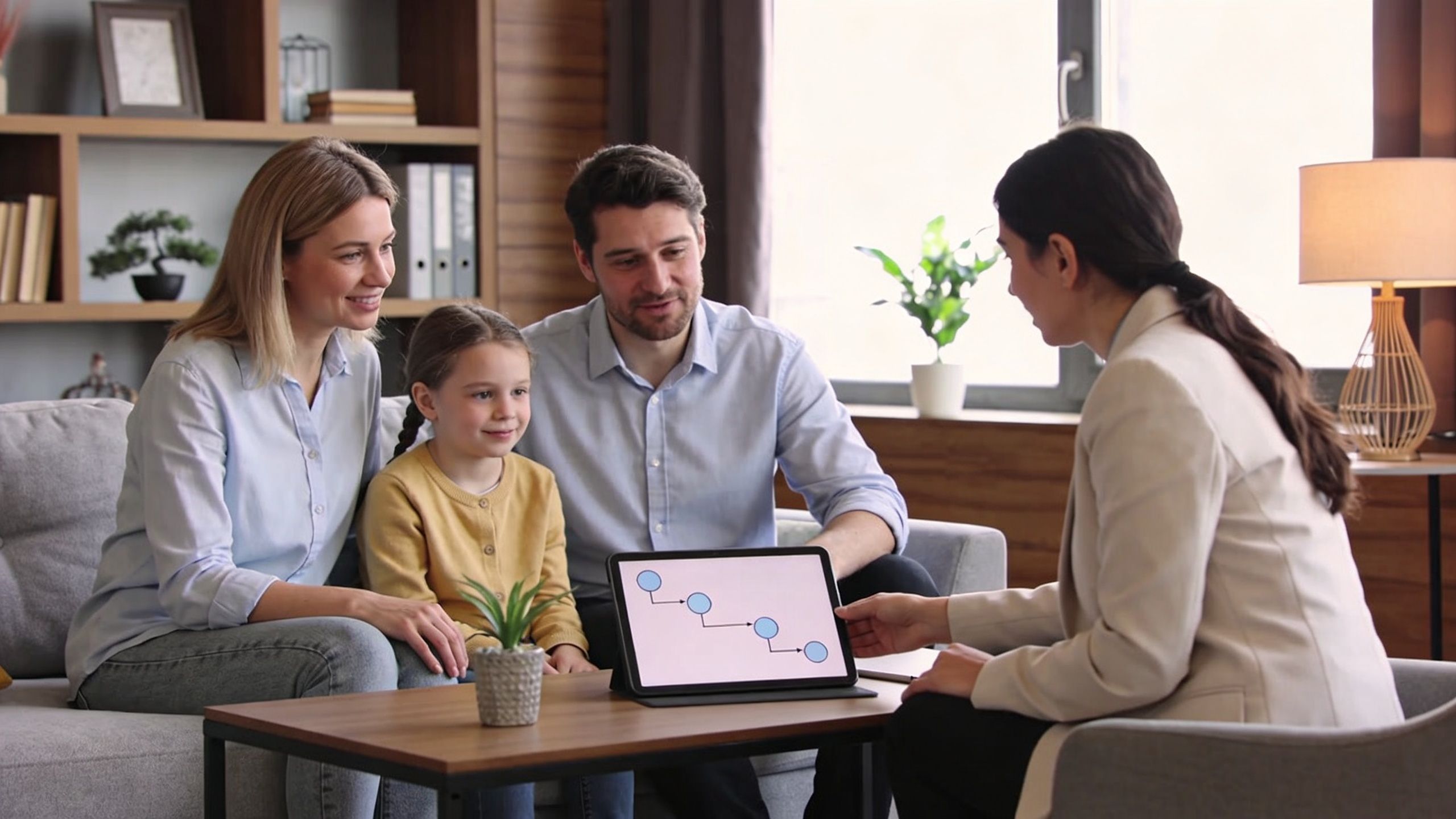 A child behavioral therapist consults with parents and their young daughter in a professional office setting.