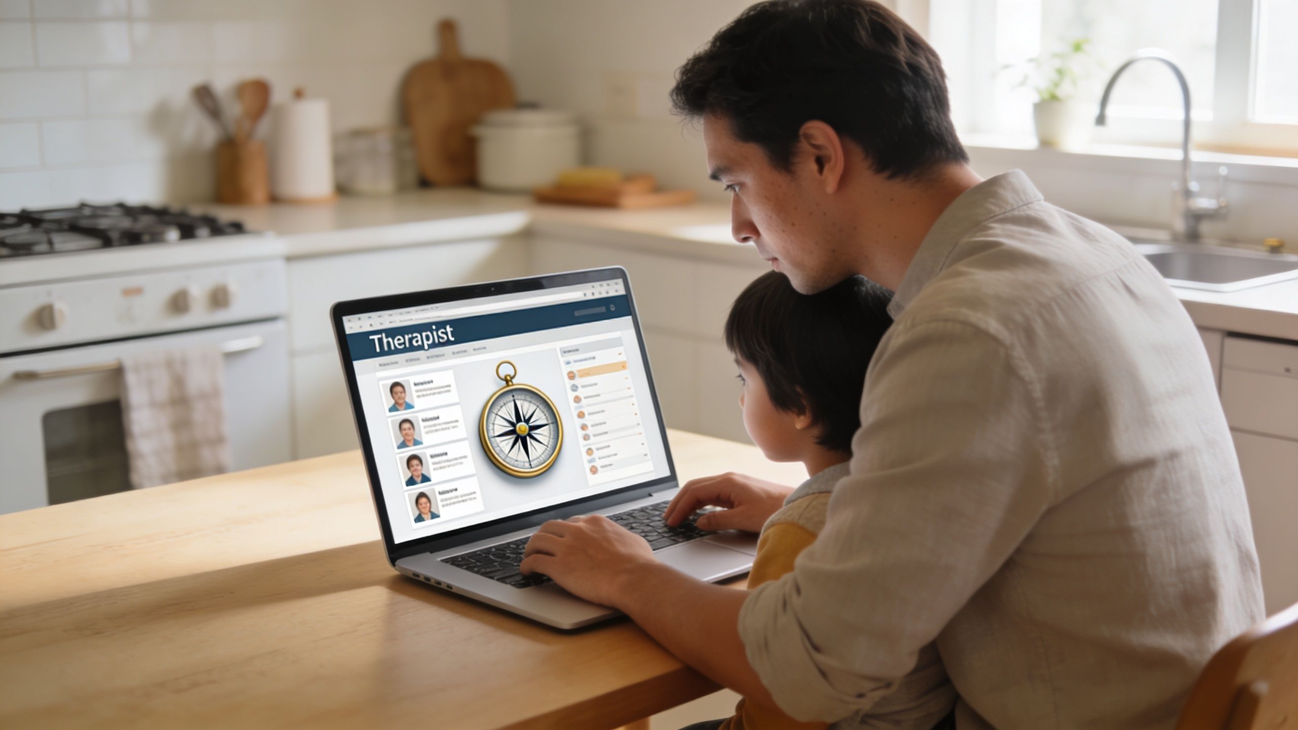 A father and his young son looking at a laptop showing a therapist directory website together.