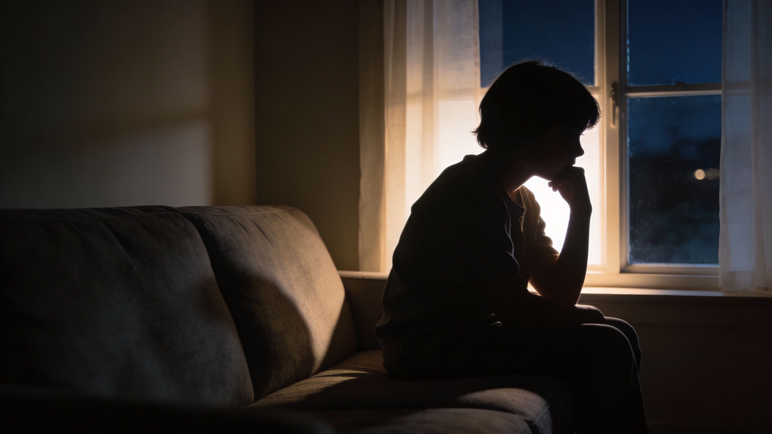 A silhouette of a thoughtful child sitting on a sofa in front of a window at night