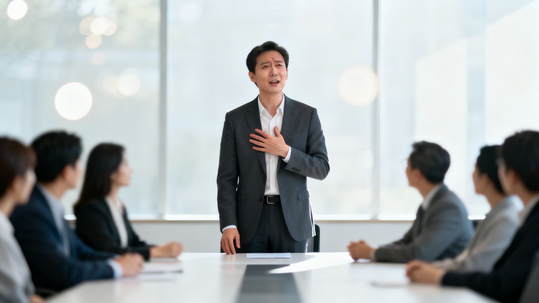 An emotional businessman speaks passionately at a meeting, hand on chest, addressing blurred colleagues.