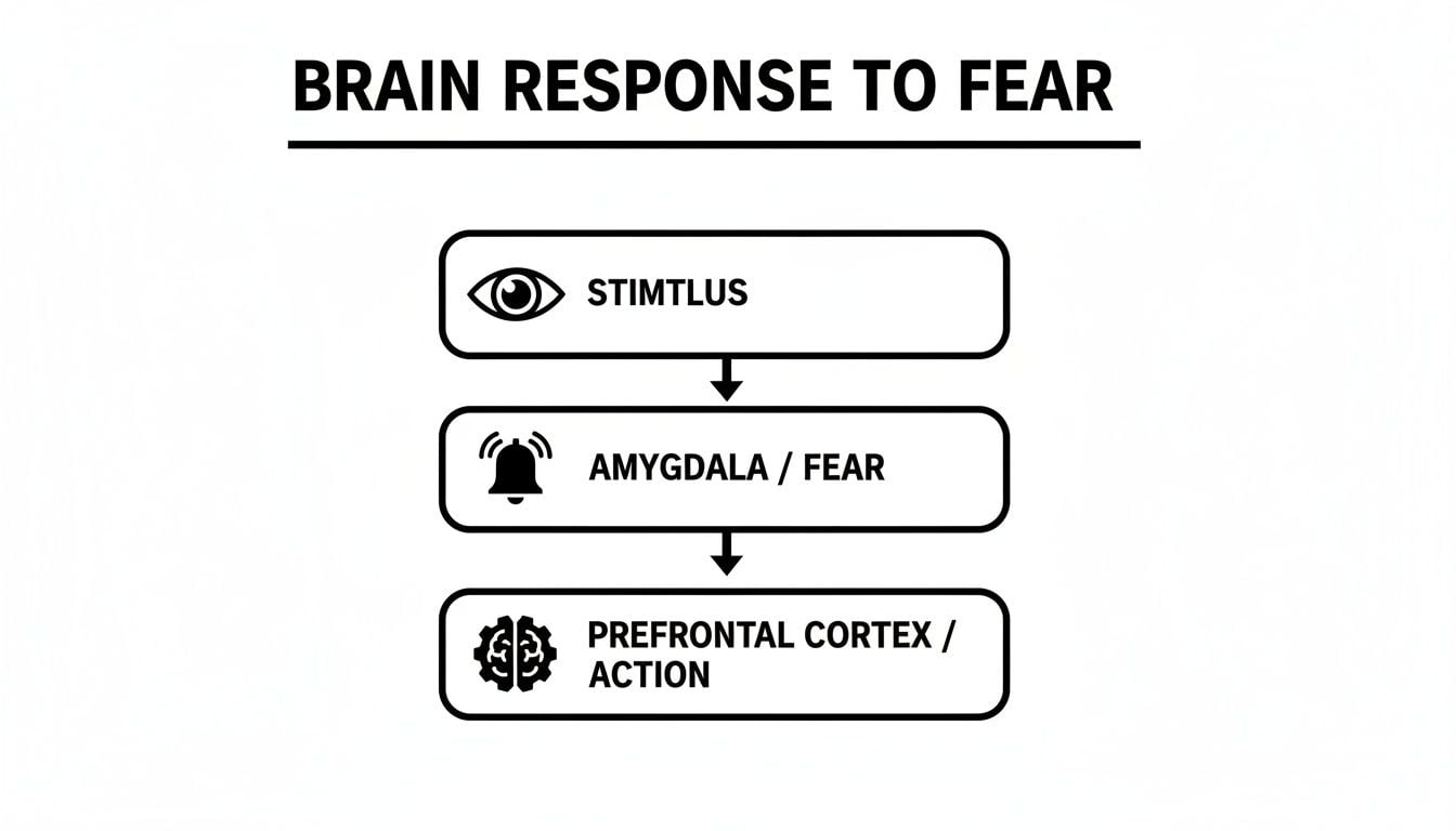 A flowchart illustrating the brain's response to fear, detailing stimulus, amygdala, and prefrontal cortex.