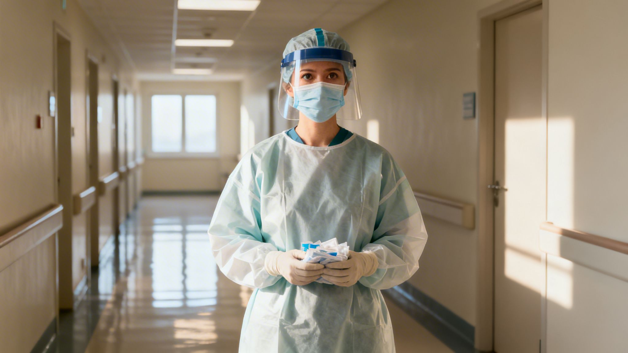 A healthcare worker in full PPE, including a mask and face shield, stands in a bright hospital hallway.