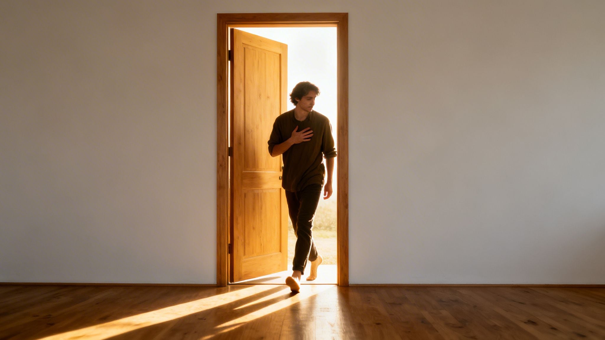 A man steps out of a brightly lit doorway into a room with wooden floors.