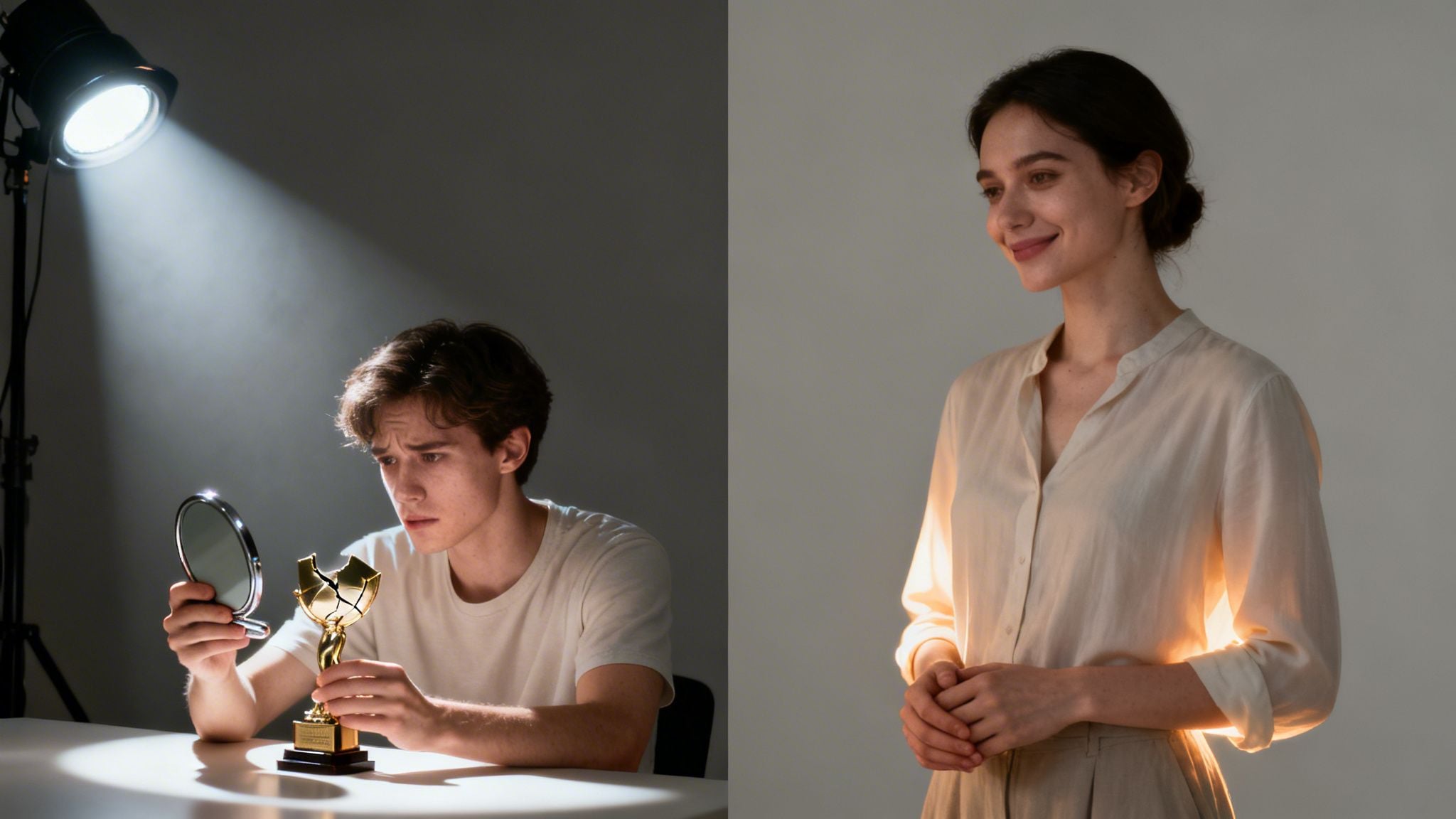 A man holding a broken trophy under harsh light, contrasted with a smiling woman in soft light.