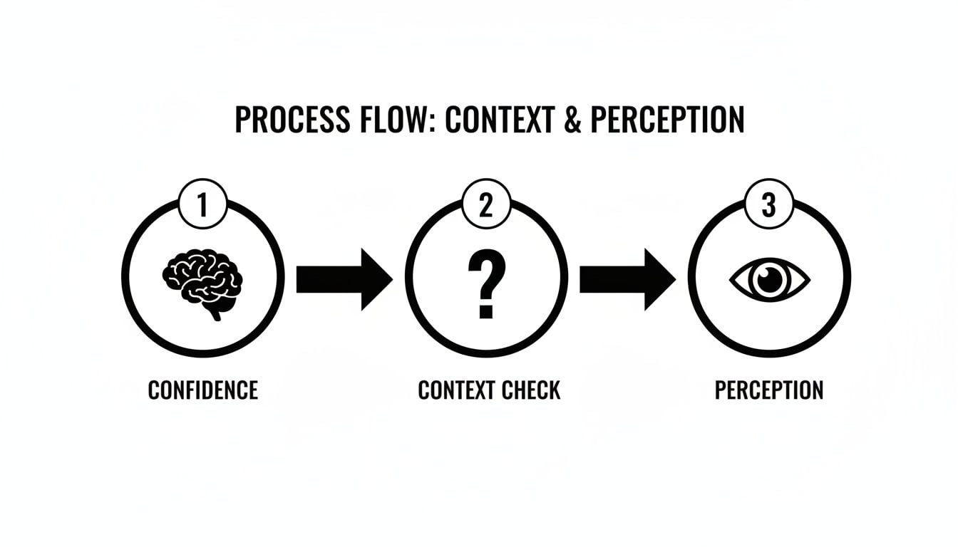 A process flow diagram illustrating Confidence (brain), Context Check (question mark), and Perception (eye).