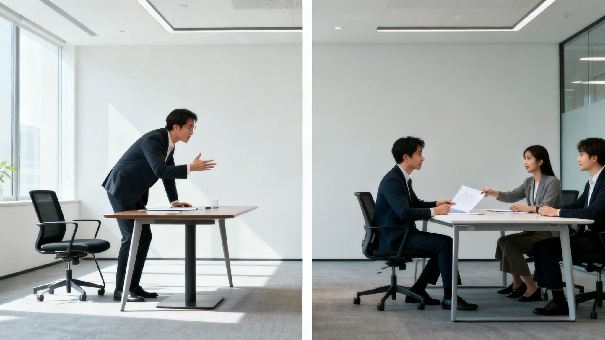 Business professionals in an office setting: a man assertively speaks, while three colleagues conduct a meeting.