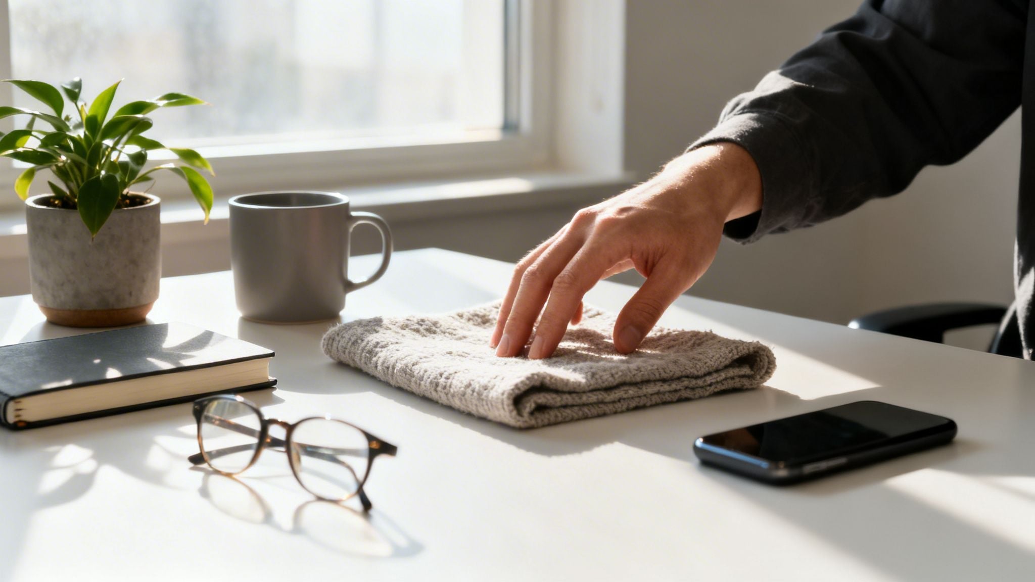 A person's hand wiping a tidy desk with a cloth, surrounded by a plant, mug, and notebook.