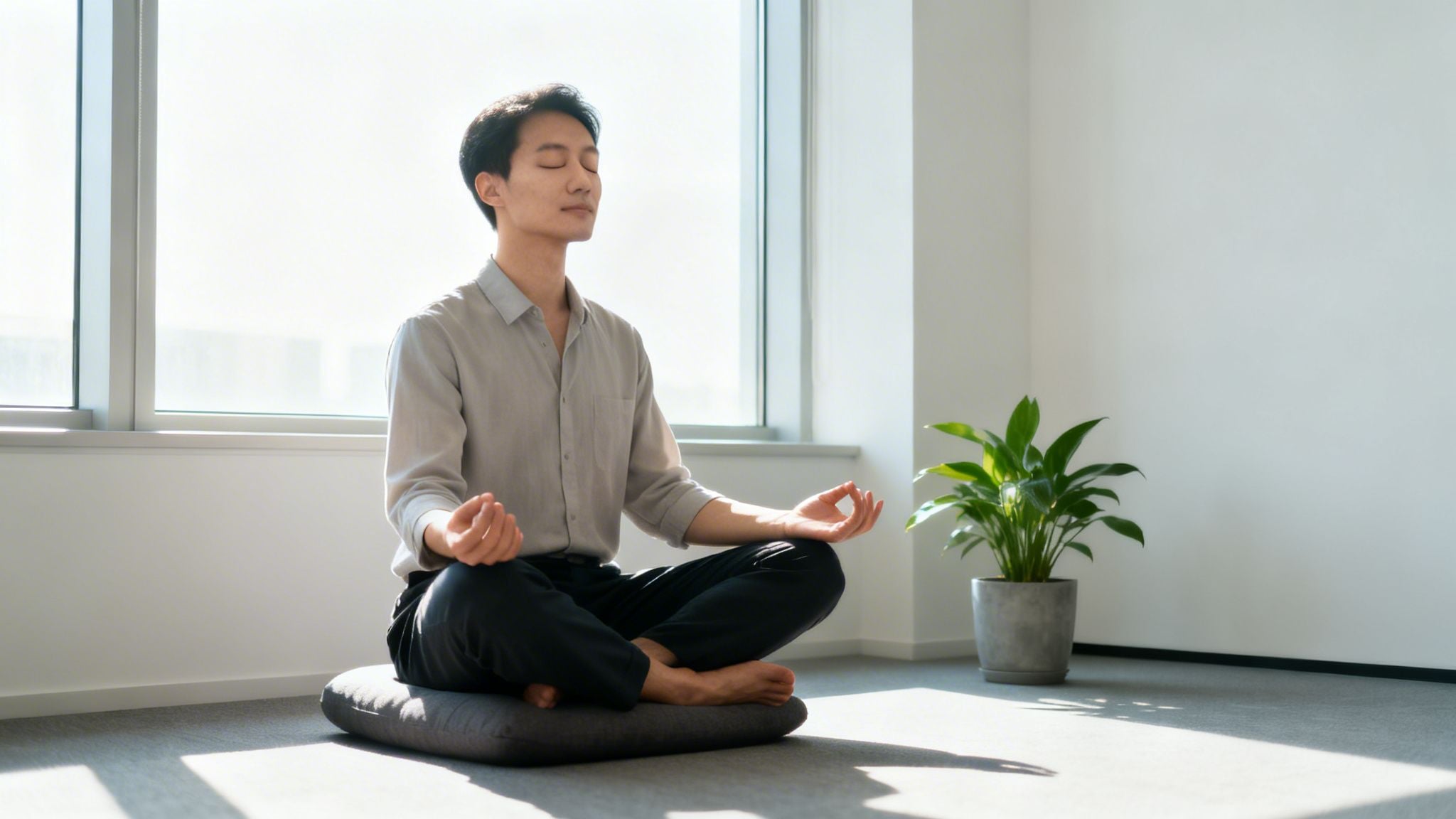 An Asian man sits cross-legged on a cushion, meditating calmly in a sunlit room.