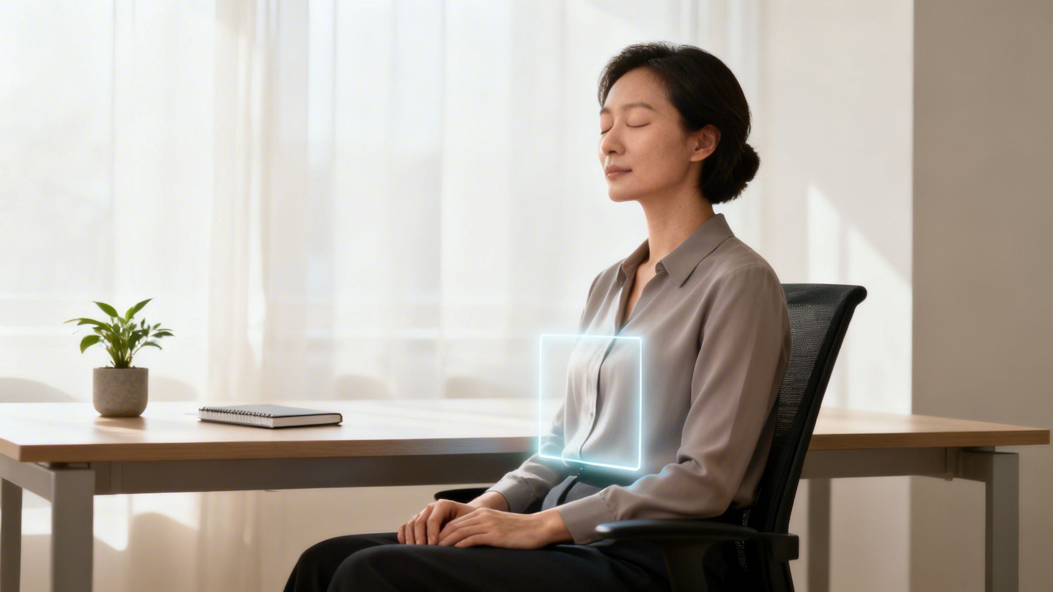 A peaceful woman meditates at her desk with eyes closed, a glowing blue square on her chest.