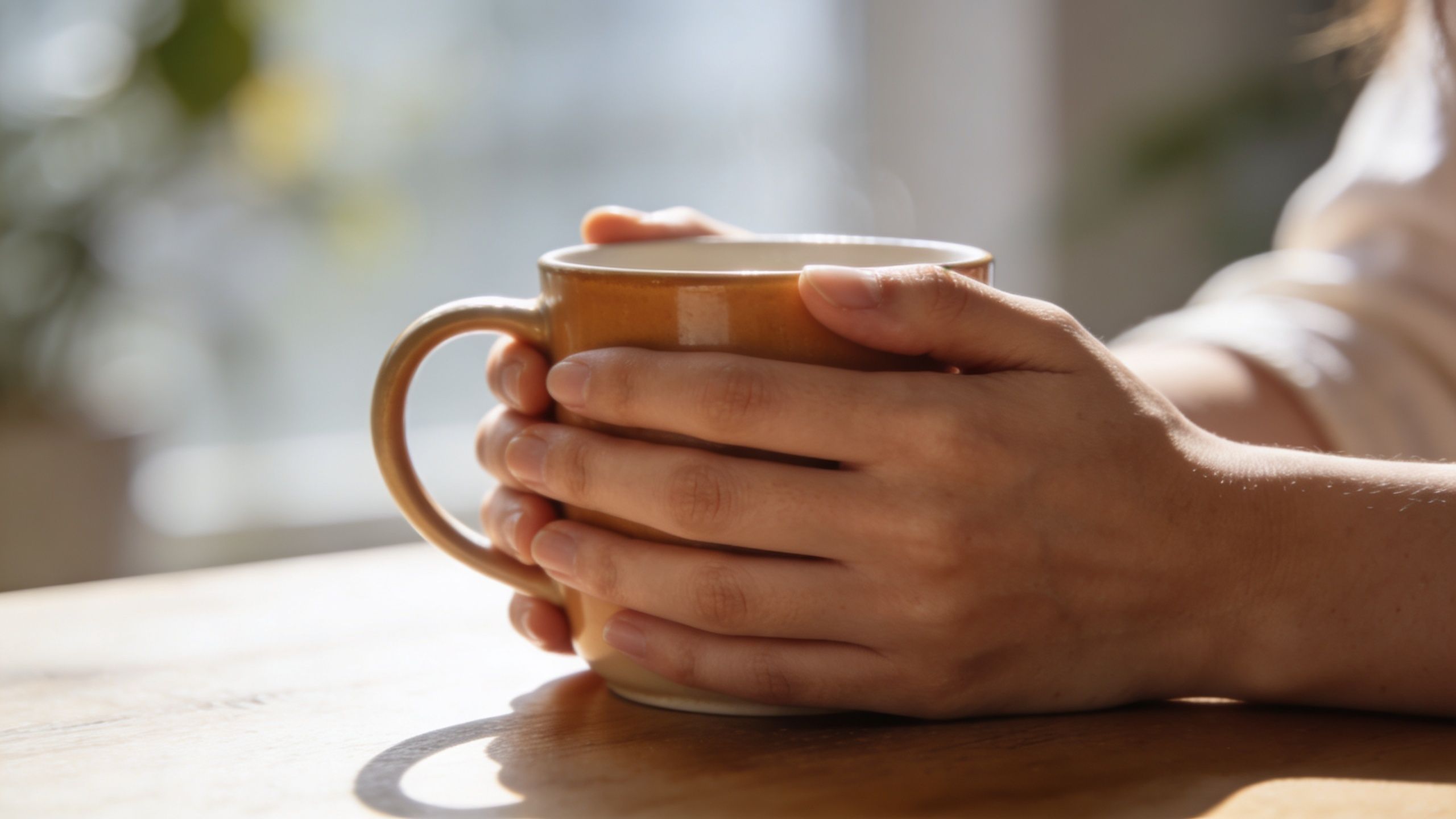 A person holding a warm mug of coffee with both hands while sitting at a wooden table.