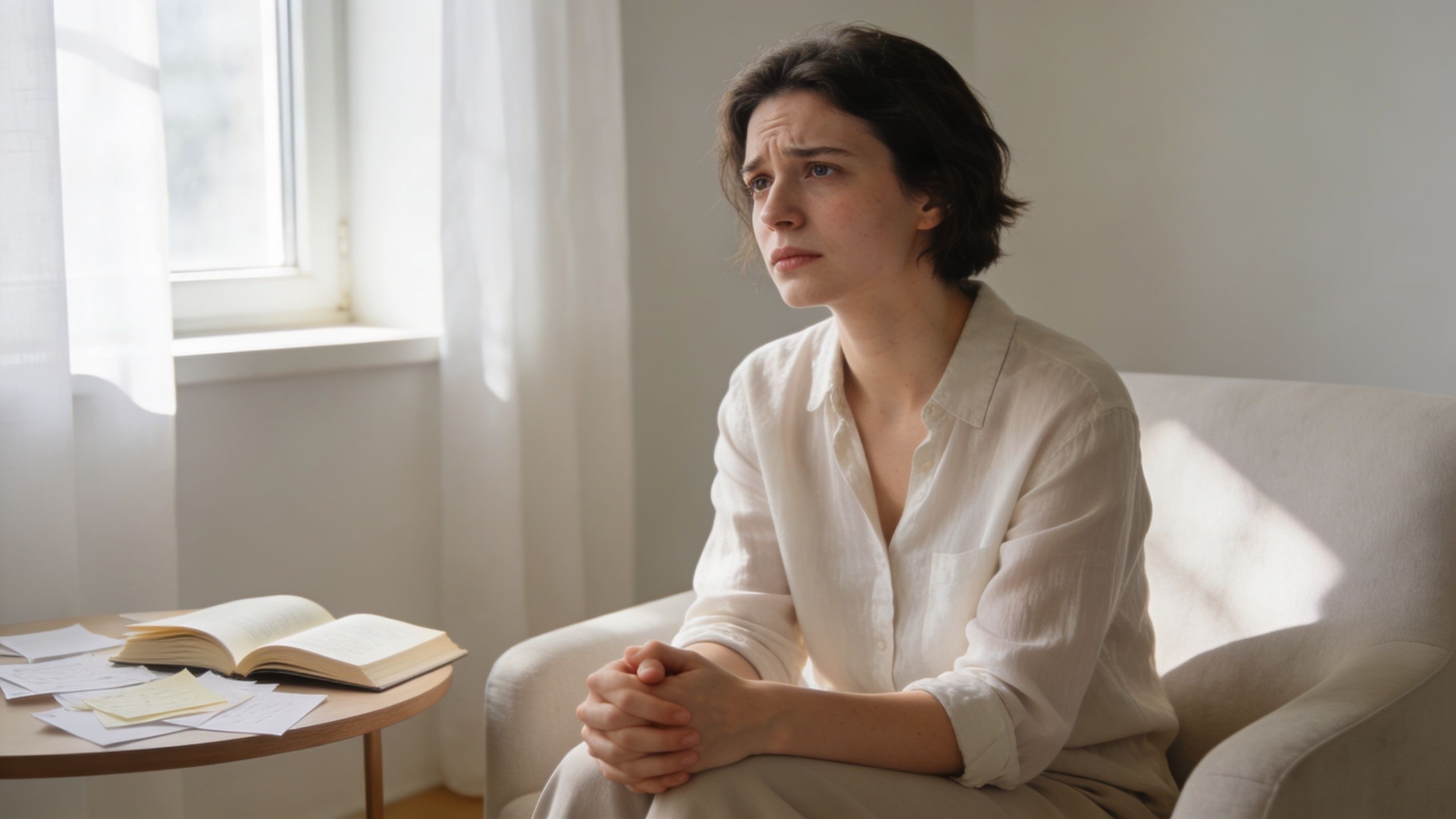 A young woman sitting in a chair looking distressed and sad, feeling the weight of an emotional breakdown.