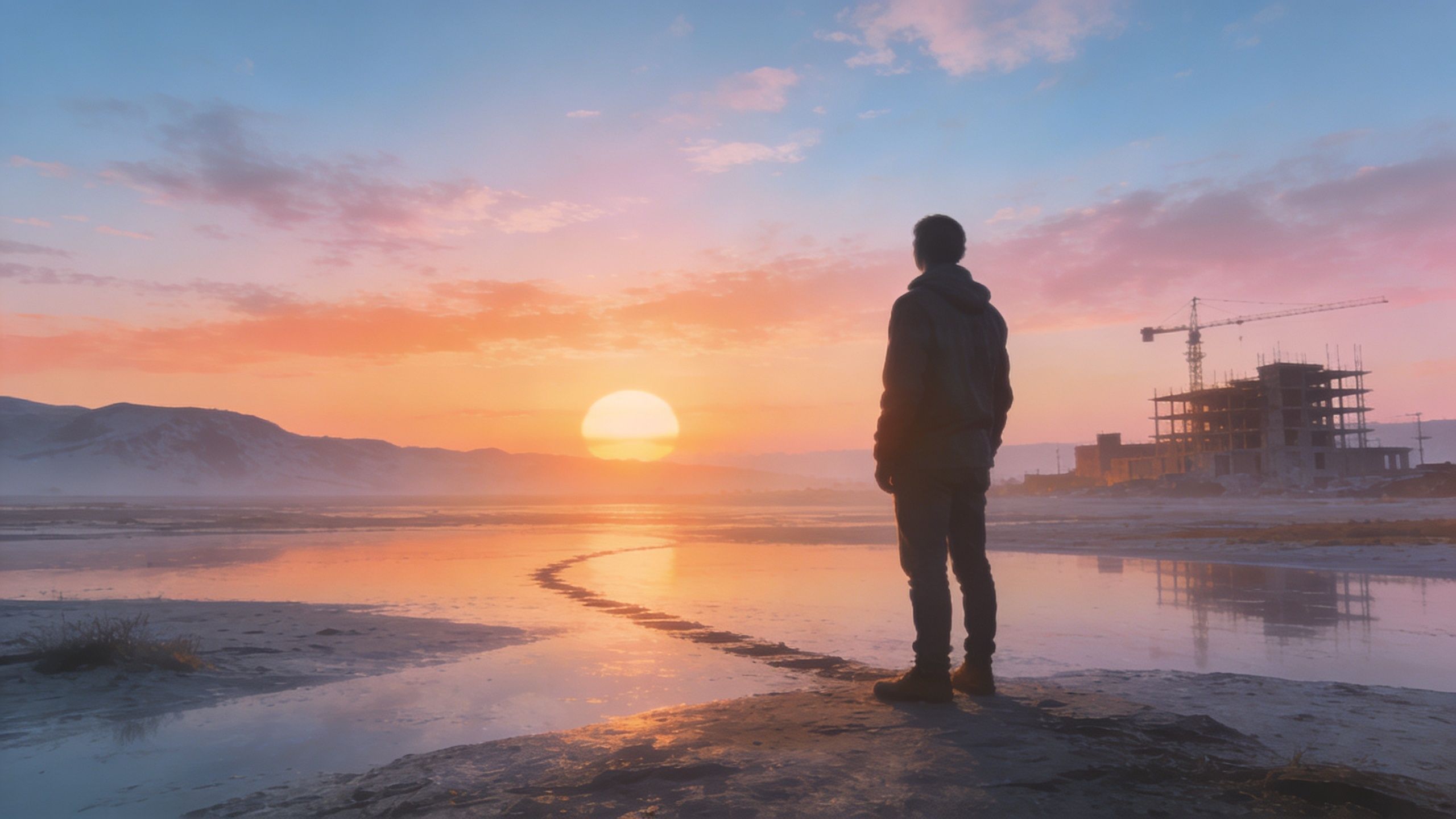 A man stands alone, looking at the sunrise over a tranquil, desolate landscape with a construction site nearby.