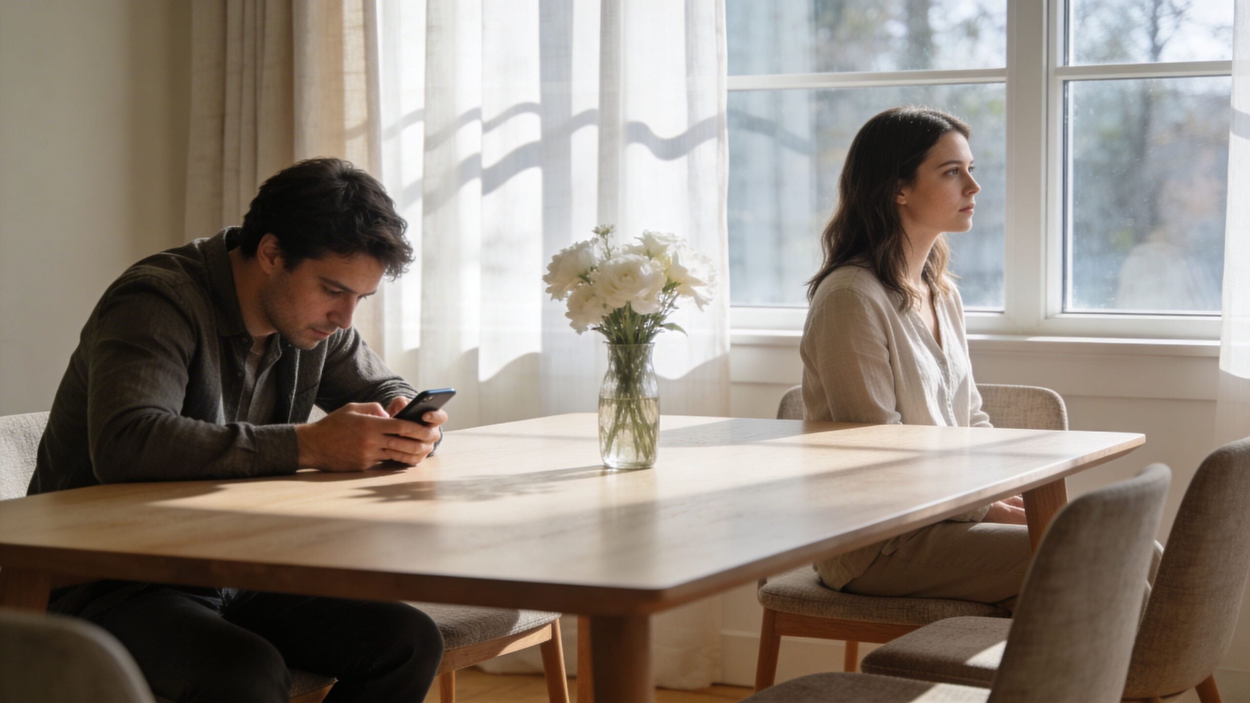 A man and woman sitting at a dining table feeling distant and experiencing an emotional disconnect.