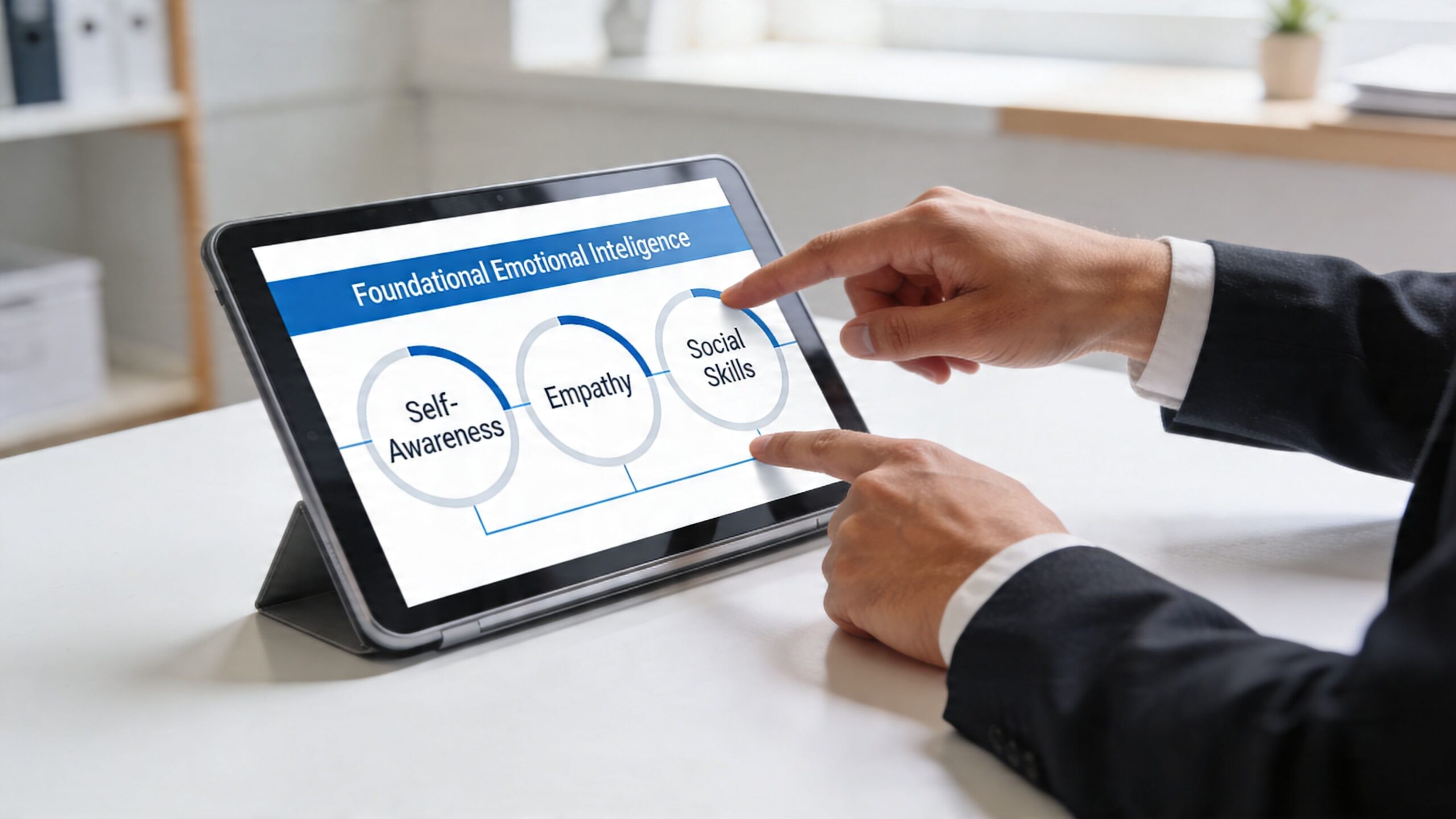A person in a business suit points at a tablet screen displaying a foundational emotional intelligence chart.