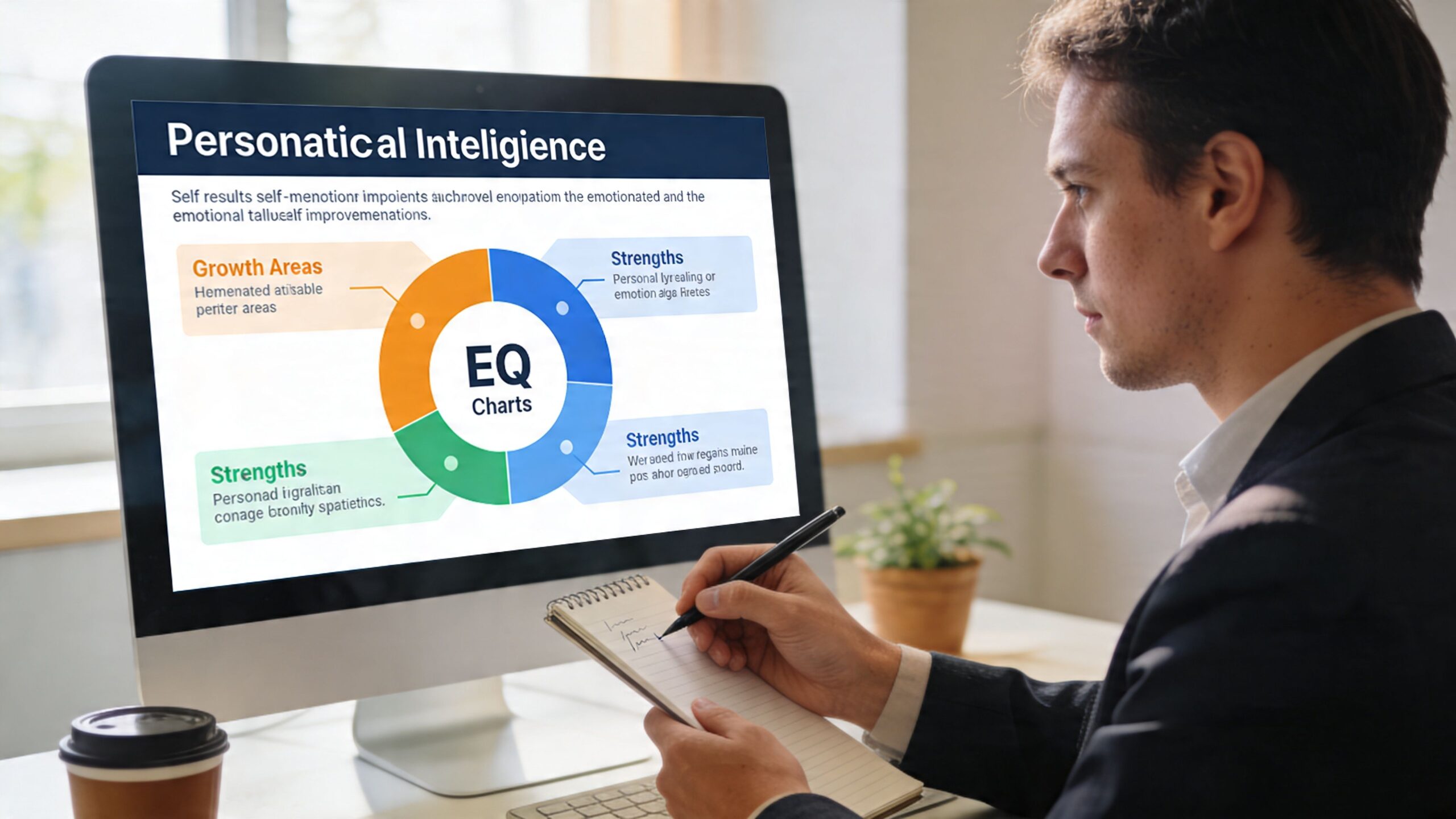 A professional man taking notes on a notepad while viewing an emotional intelligence chart on a computer.