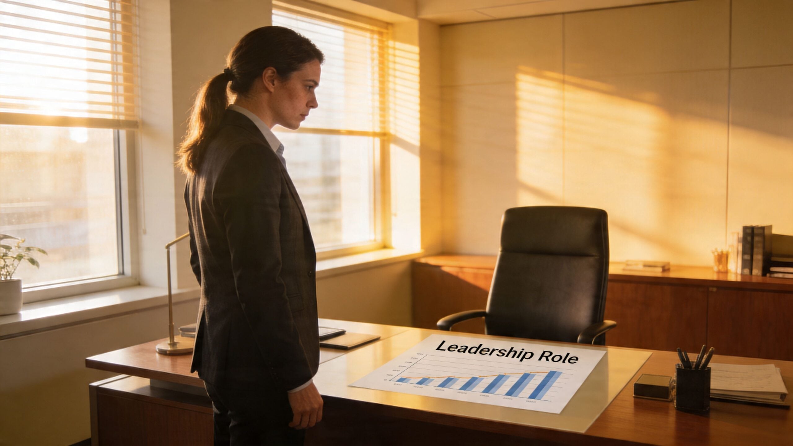 A professional woman in a suit stands thoughtfully before a desk with a leadership role graph.