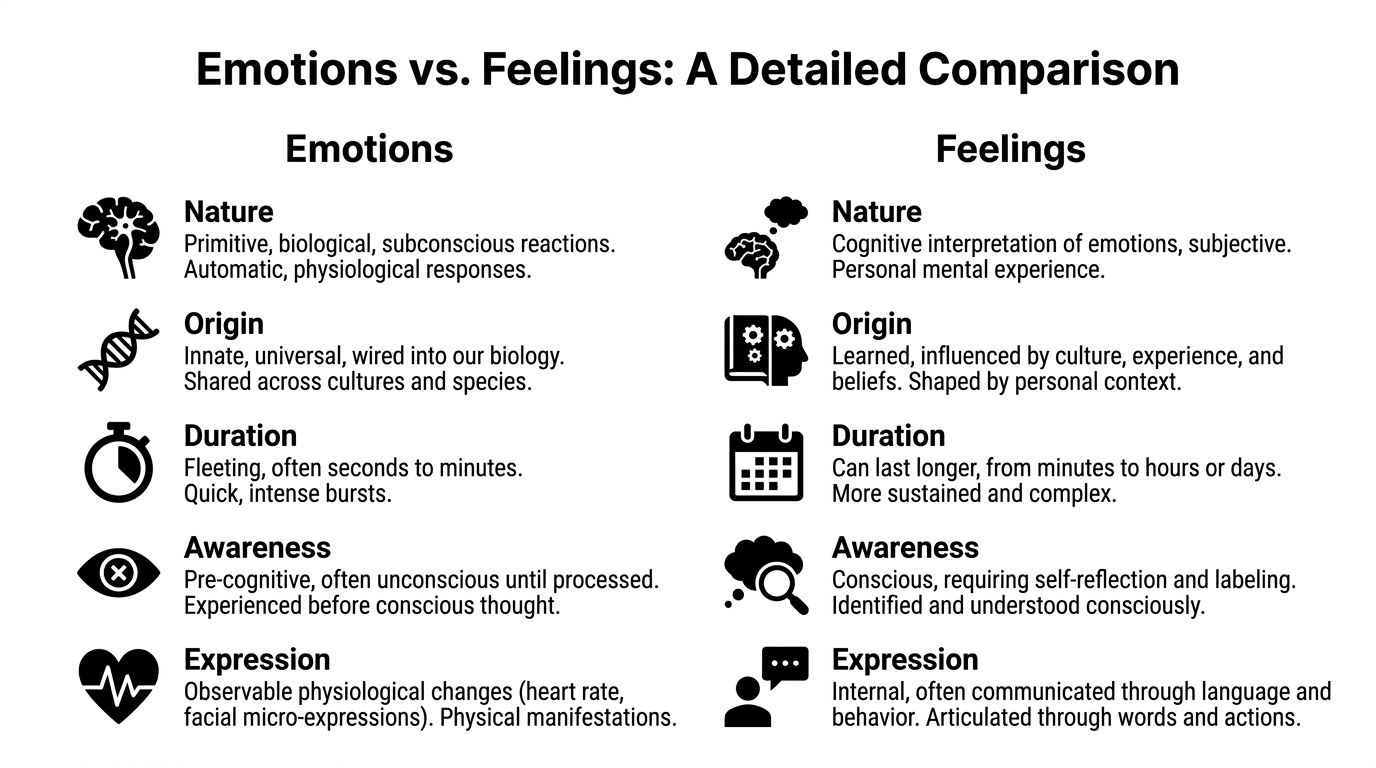 A comparison chart outlining the key differences between emotions and feelings in terms of nature, origin, and duration.