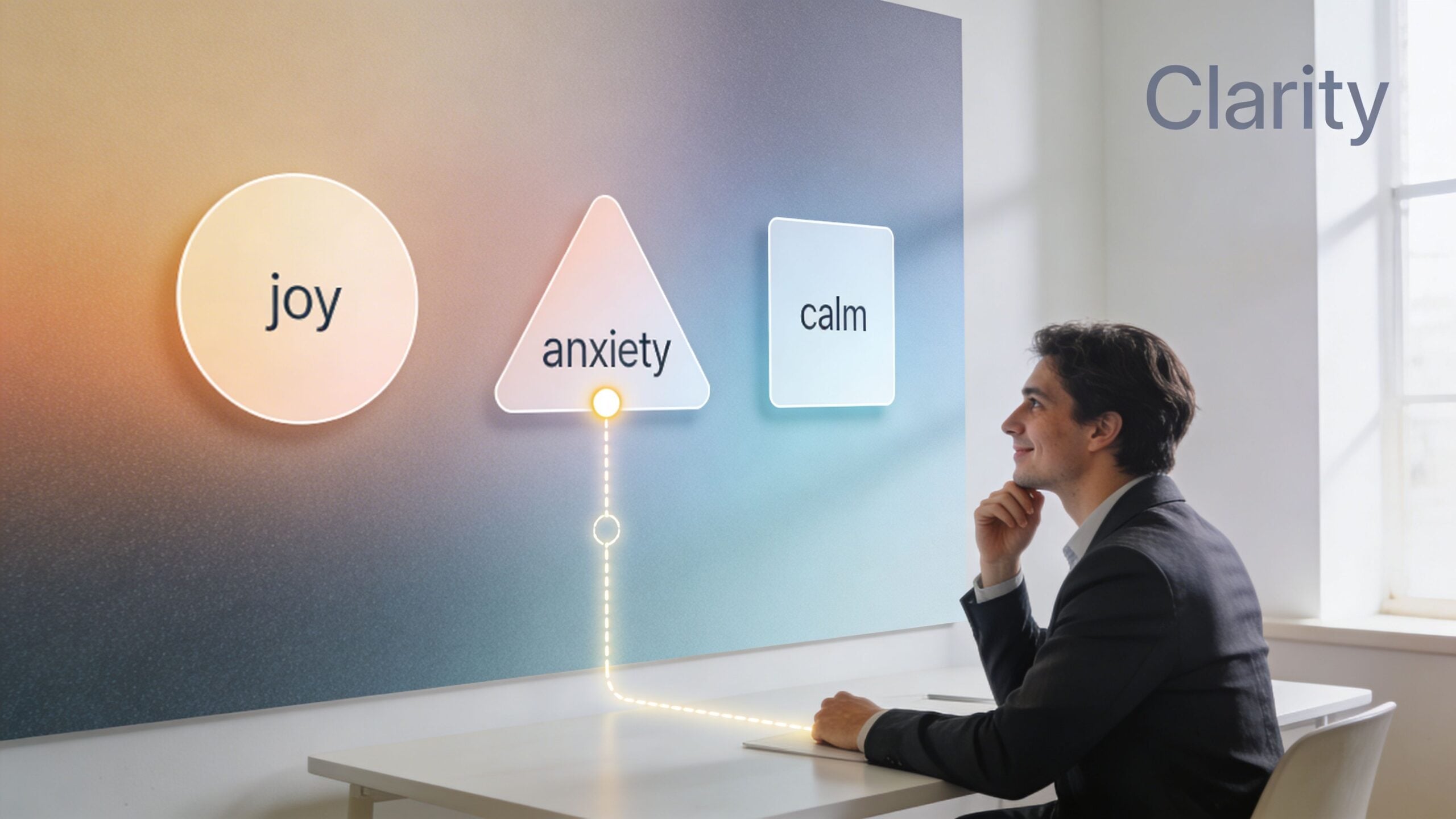 A businessman in a suit sitting at a desk, contemplating emotional states on a digital wall display.