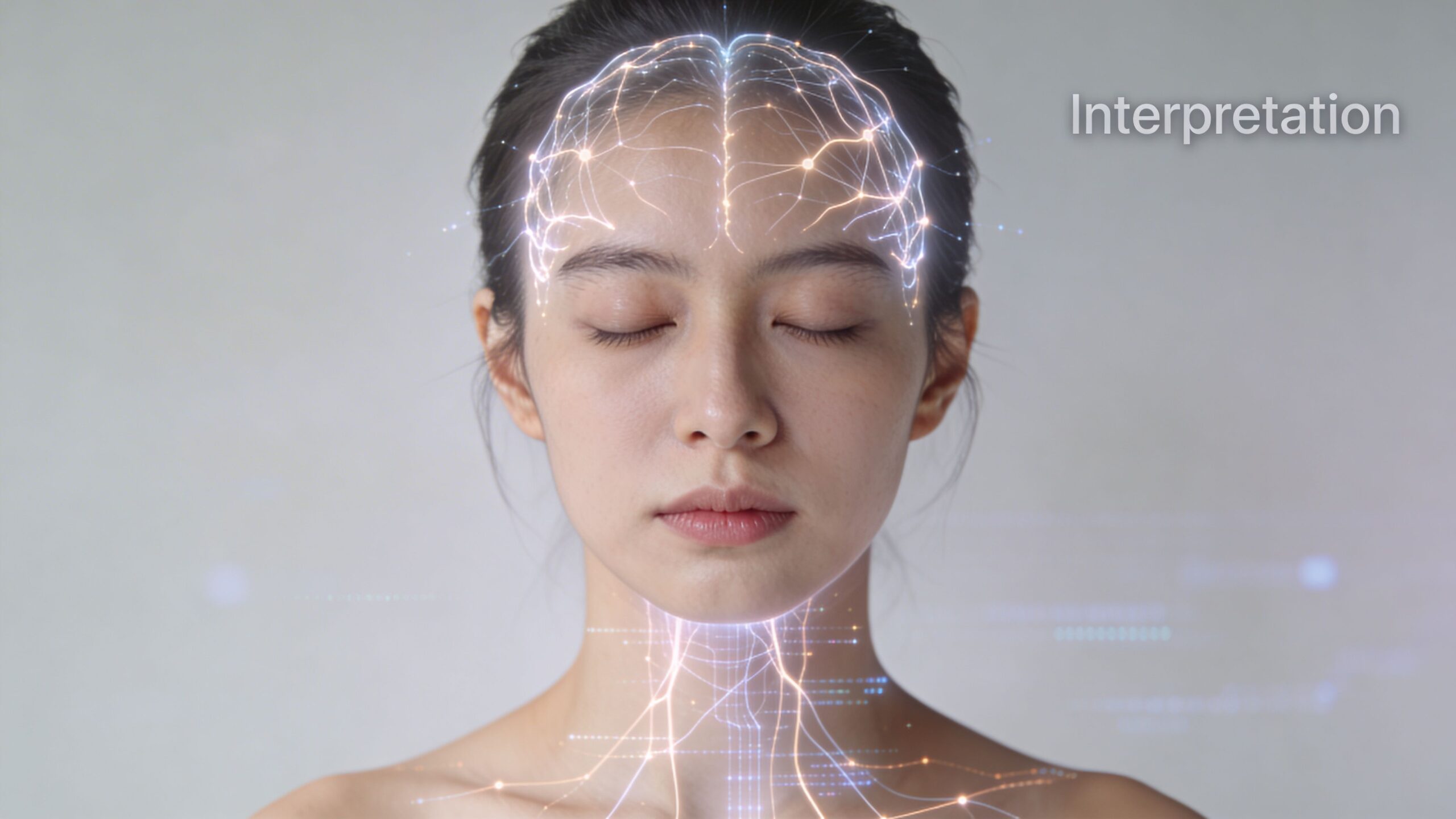A young woman with closed eyes featuring a digital brain visualization highlighting neural connections and cognitive data.