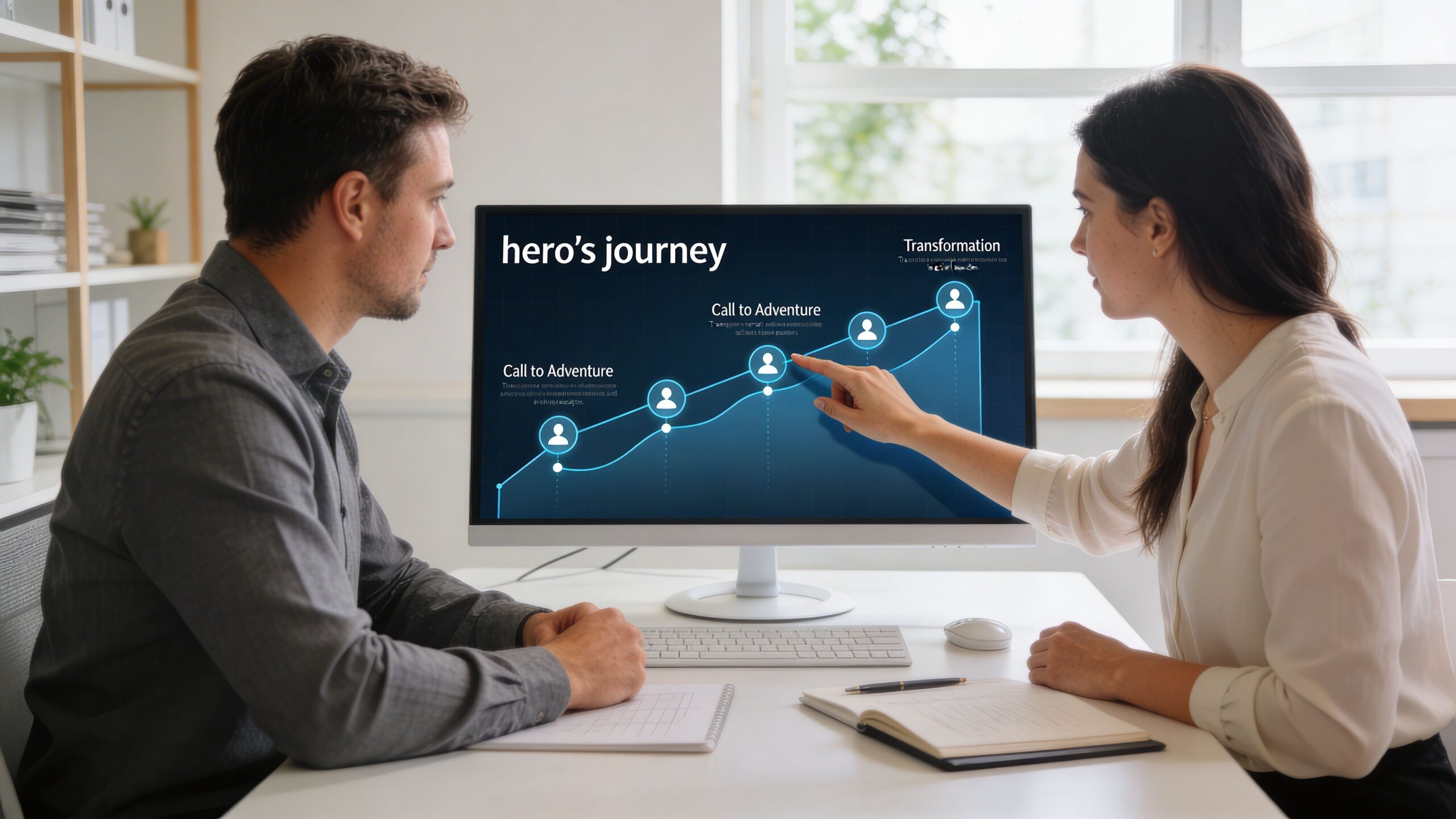 A man and a woman collaborating in an office while reviewing a hero's journey chart on a monitor.