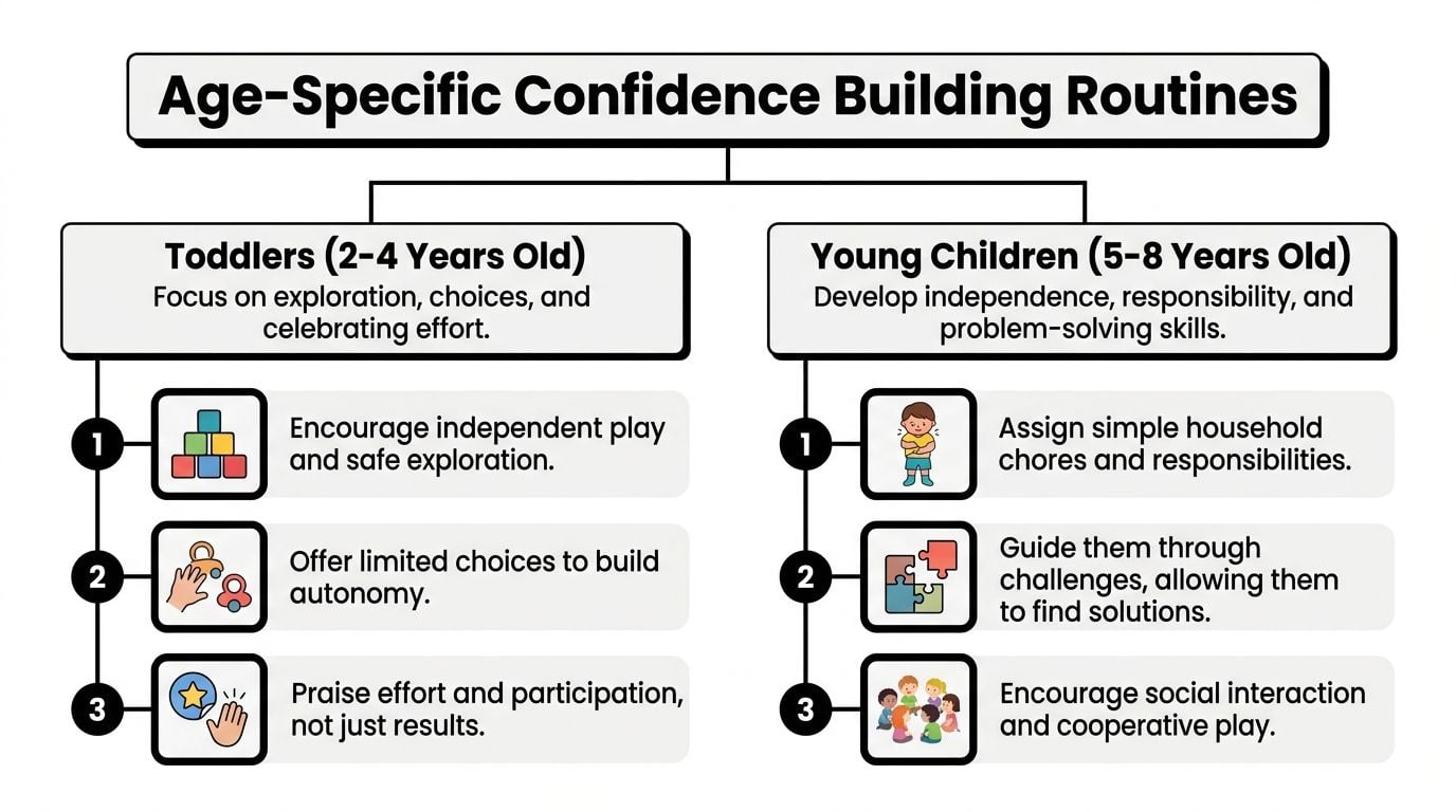 A chart showing age-specific confidence building routines for toddlers aged 2-4 and young children aged 5-8.