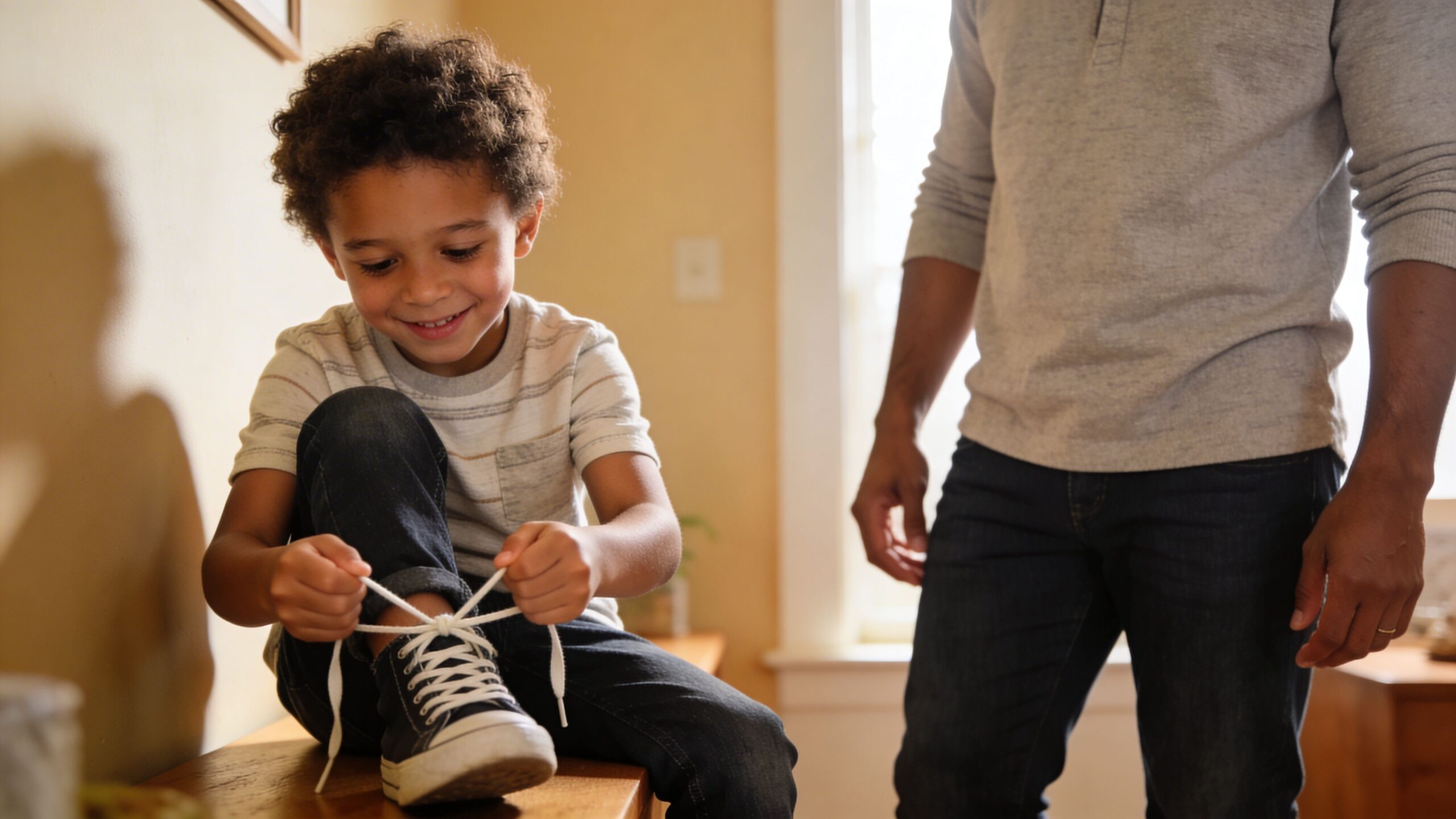A young boy smiling while learning to tie his shoelaces with his father standing nearby for support.