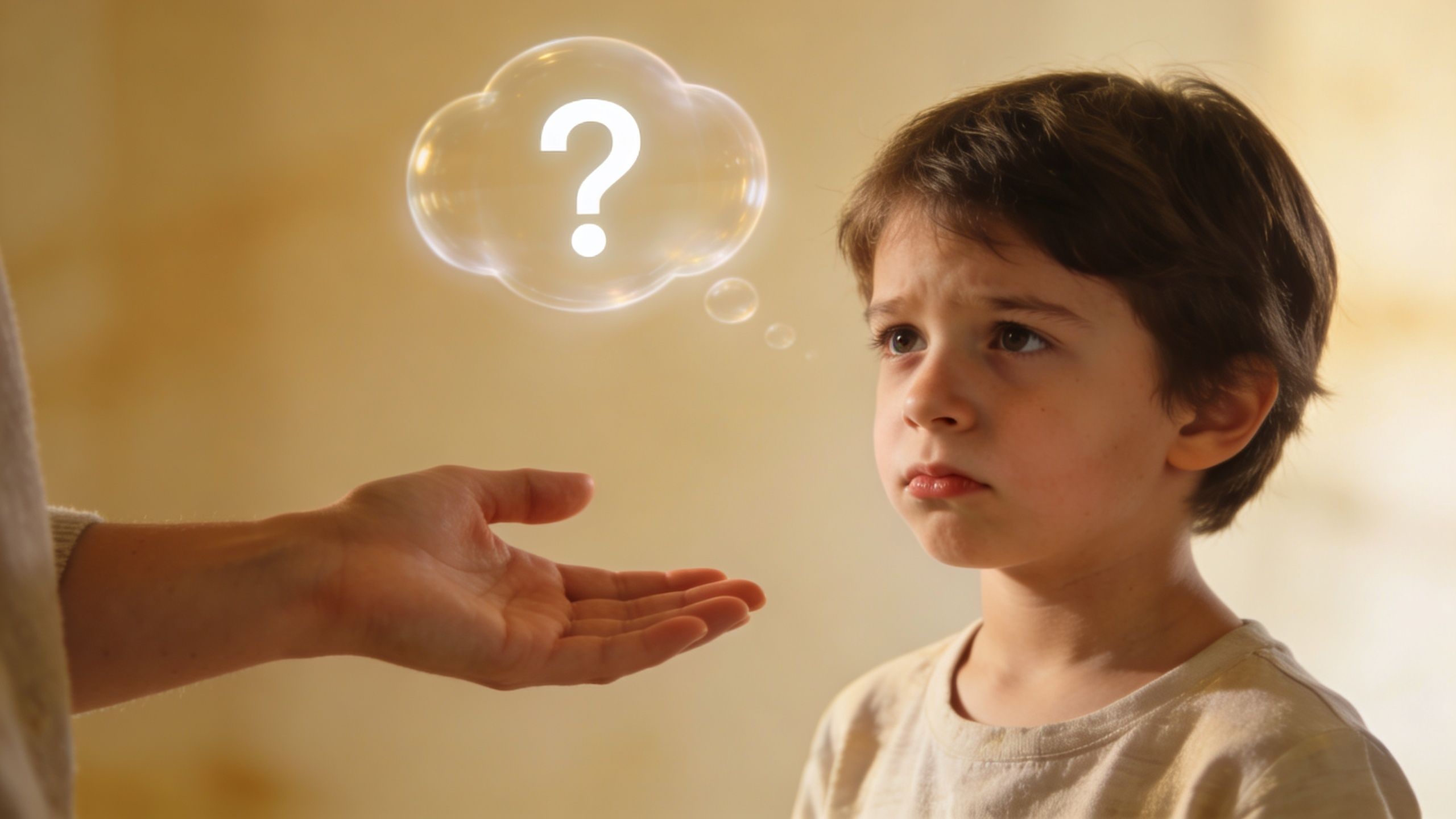 A concerned adult reaches out to a confused, sad young child with a thought bubble above them.