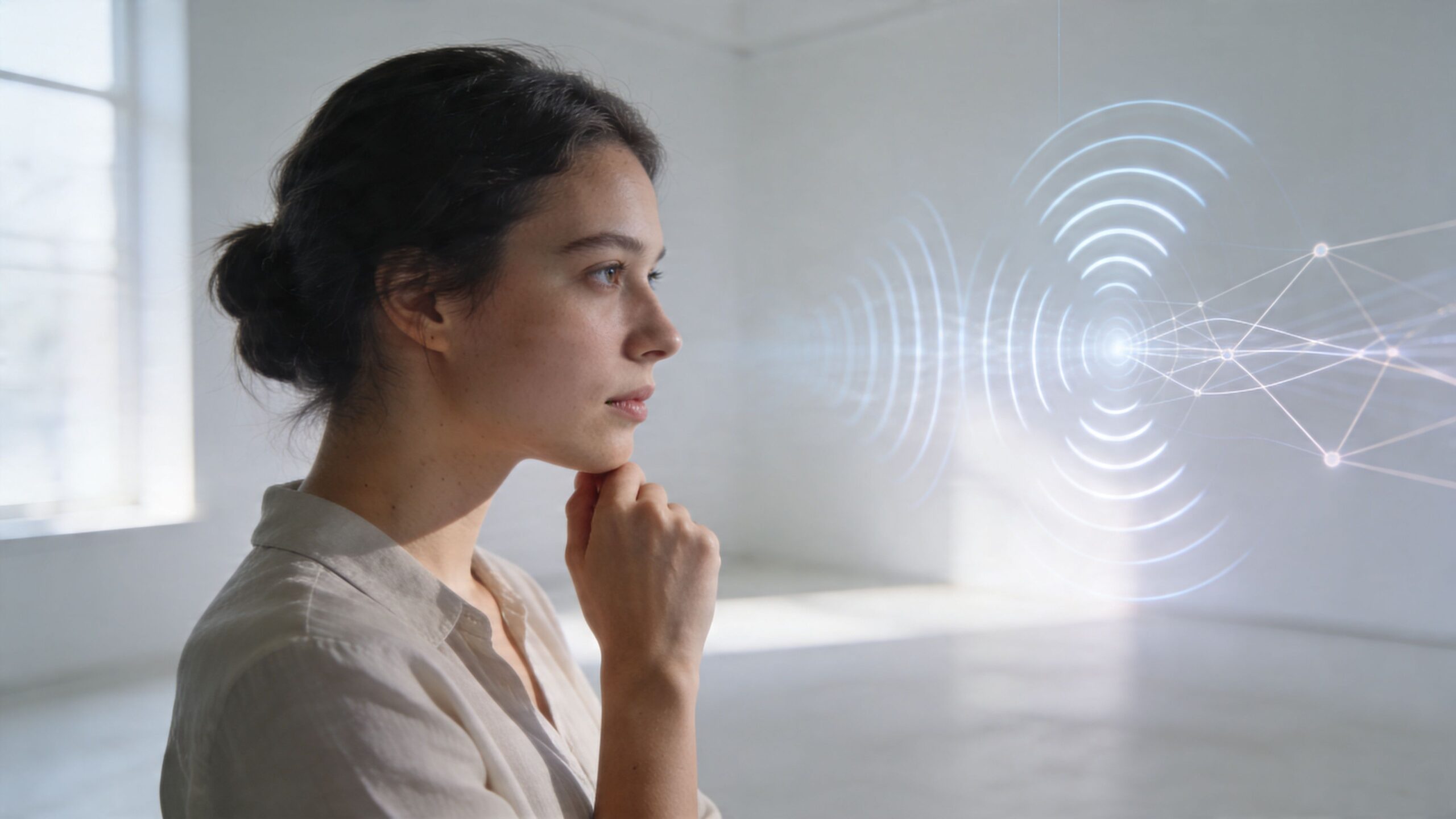 A young woman thoughtfully looking at a digital visualization of signal waves and network connections.