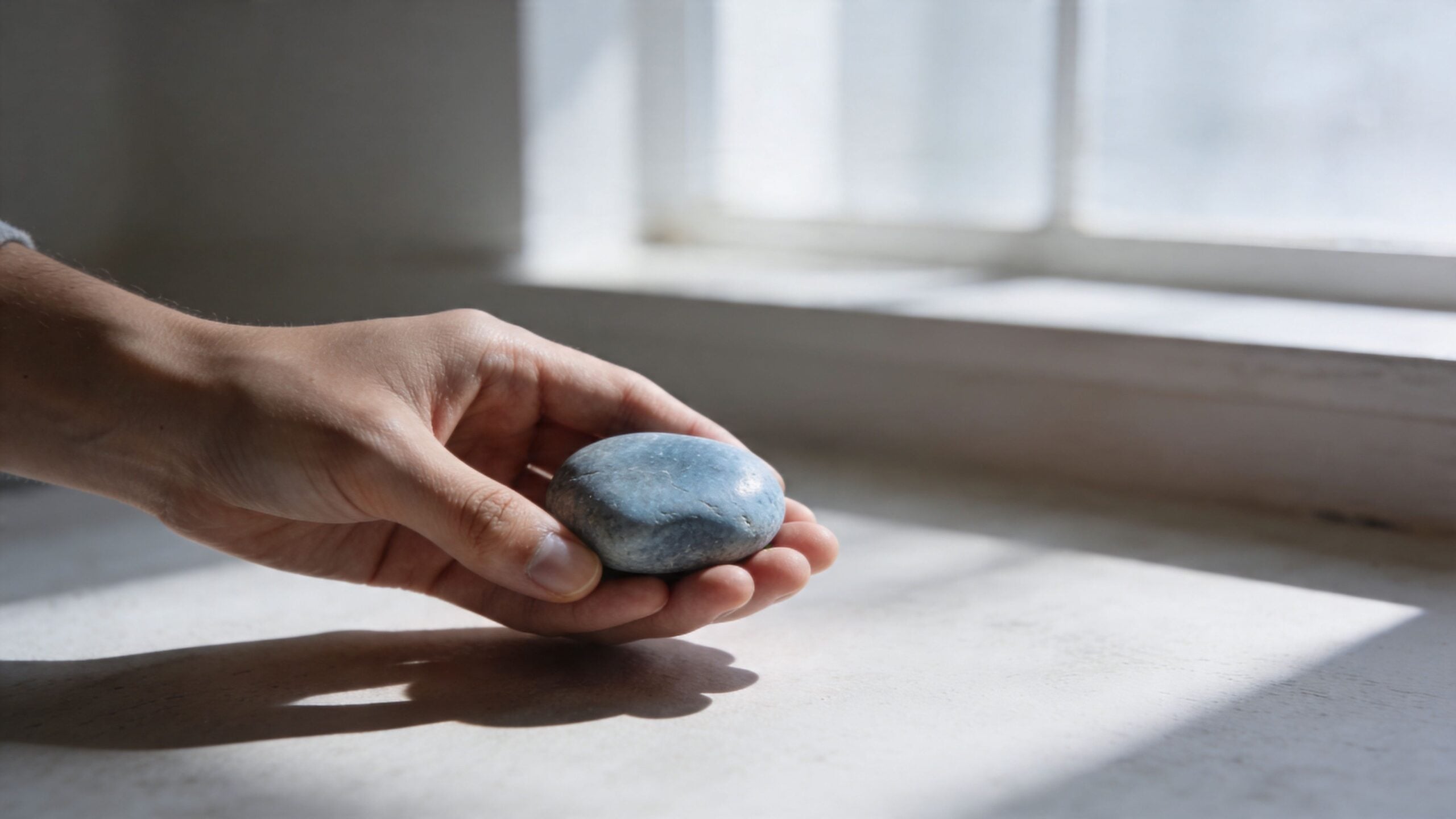 A hand holding a smooth, rounded gray stone on a ledge in front of a bright window.